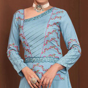 Blue Party Wear Embroidered Muslin Cotton Silk Gown - Peachmode
