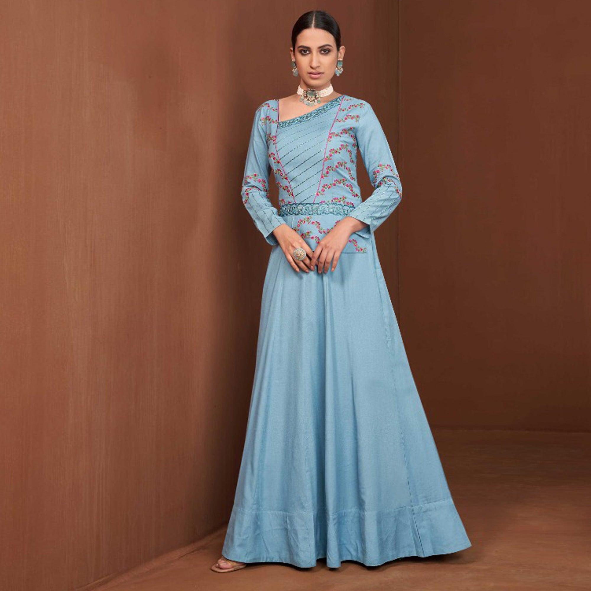 Blue Party Wear Embroidered Muslin Cotton Silk Gown - Peachmode