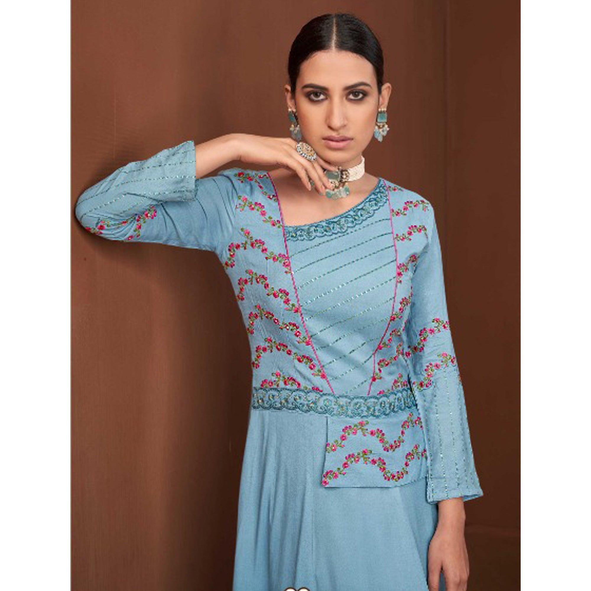 Blue Party Wear Embroidered Muslin Cotton Silk Gown - Peachmode
