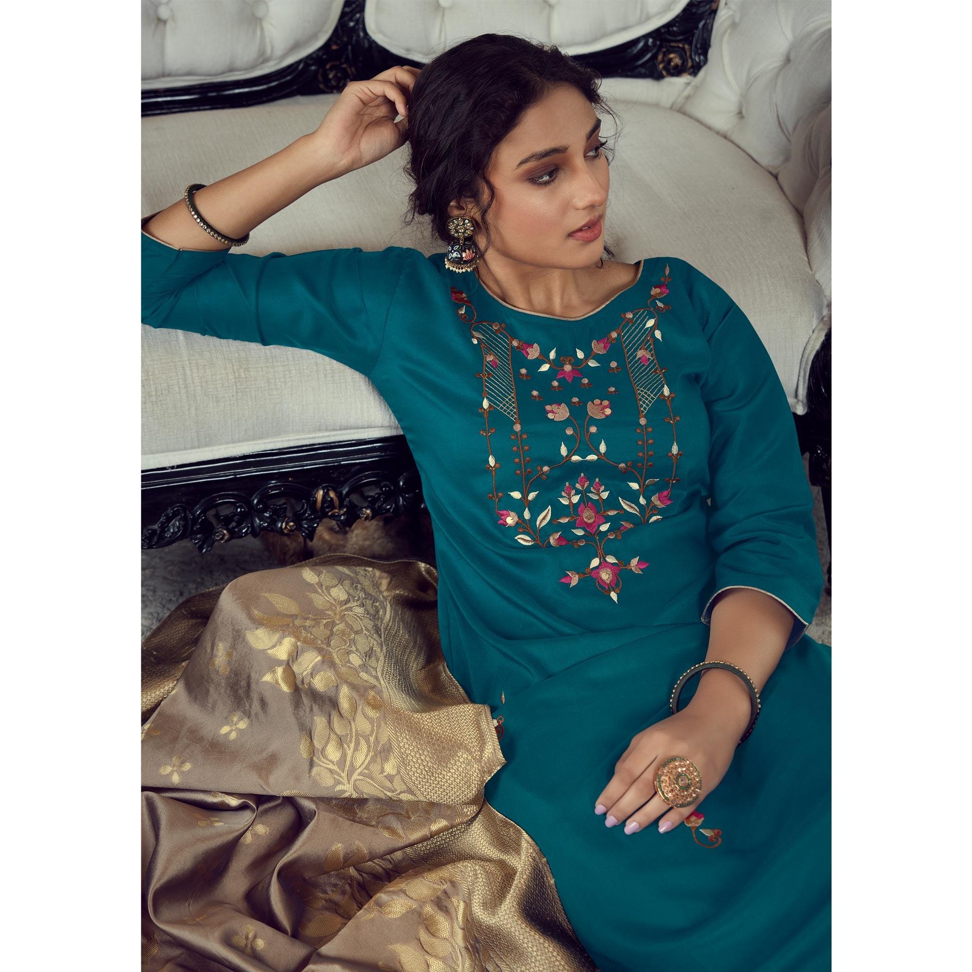 Blue Party Wear Embroidered Silk Kurti Pant Set With Banarasi Jacquard Dupatta - Peachmode