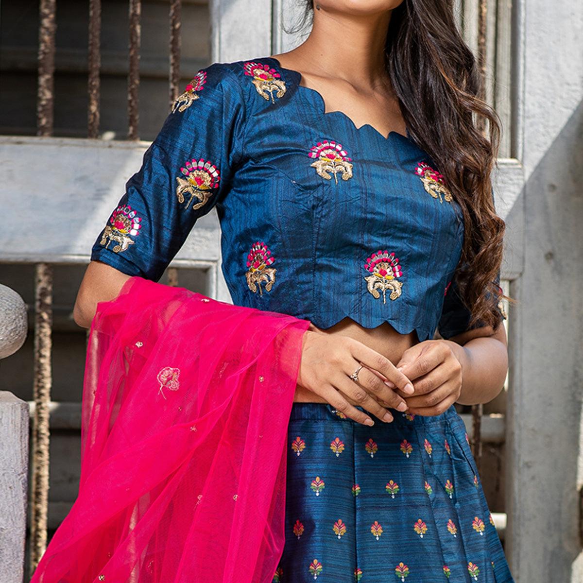 Blue Party Wear Embroidered Soft Silk Lehenga Choli - Peachmode