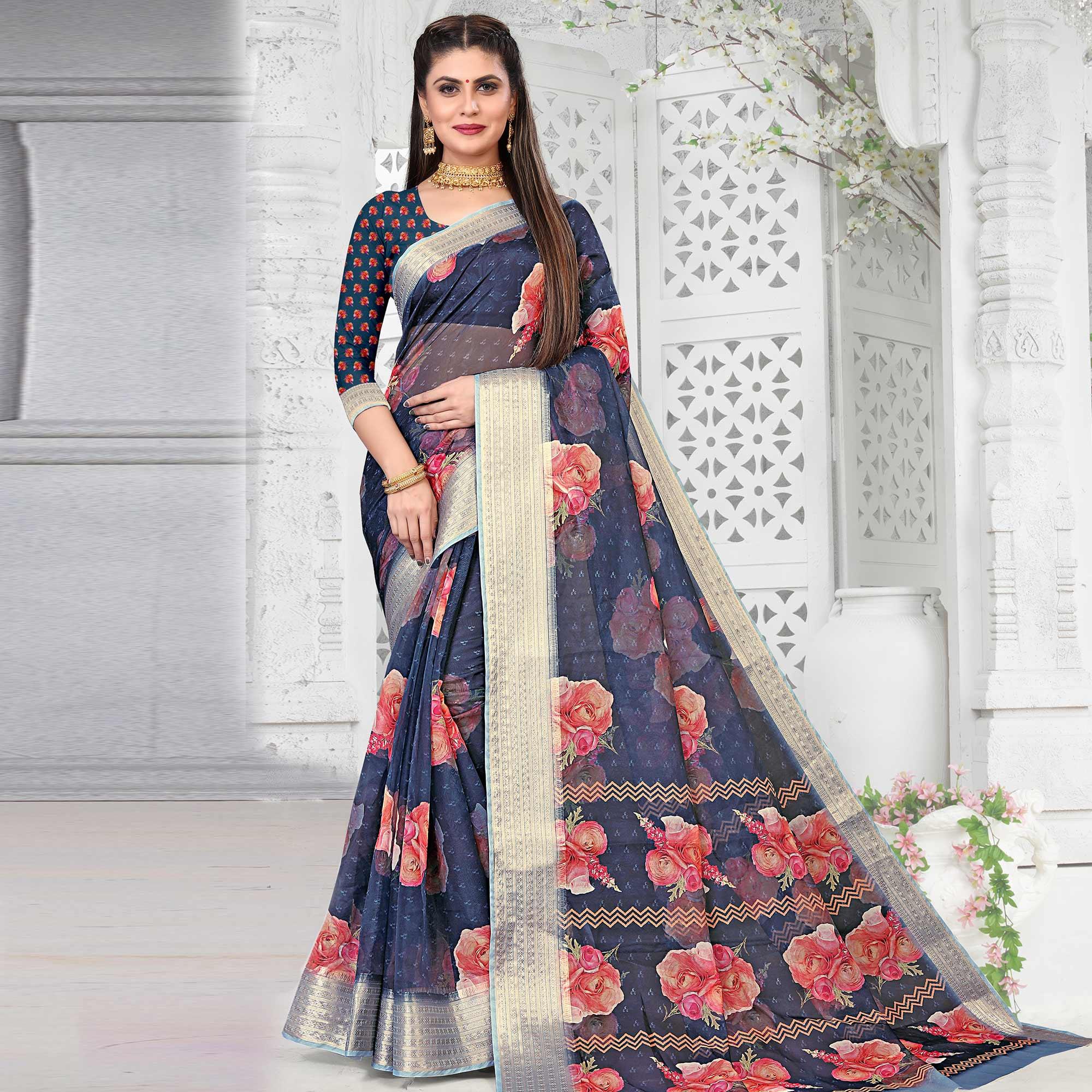 Blue Party Wear Floral Digital Printed With Jacquard Border Soft Georgette Saree - Peachmode