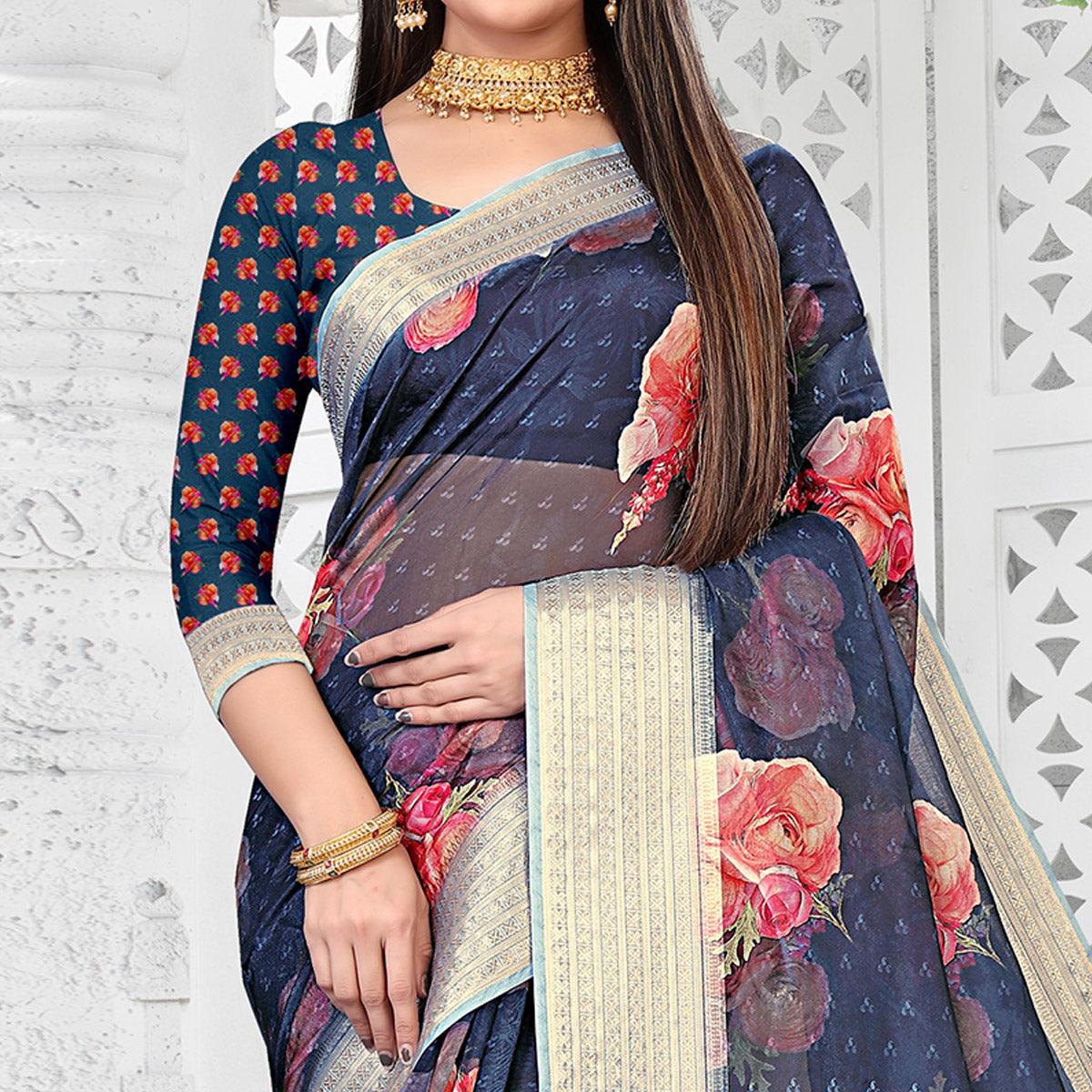Blue Party Wear Floral Digital Printed With Jacquard Border Soft Georgette Saree - Peachmode