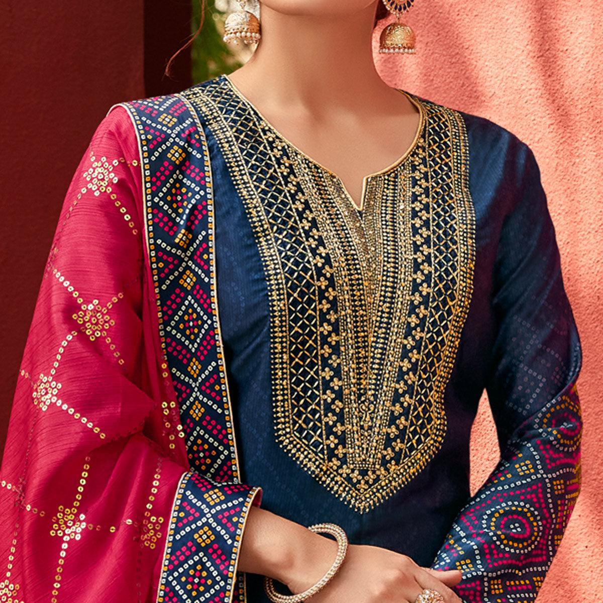 Blue Party Wear Floral Embroidery With Digital Printed Jam Satin Suit - Peachmode