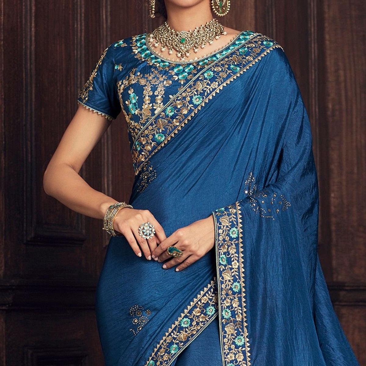 Blue Party Wear Heavy Embroidered Silk Saree - Peachmode