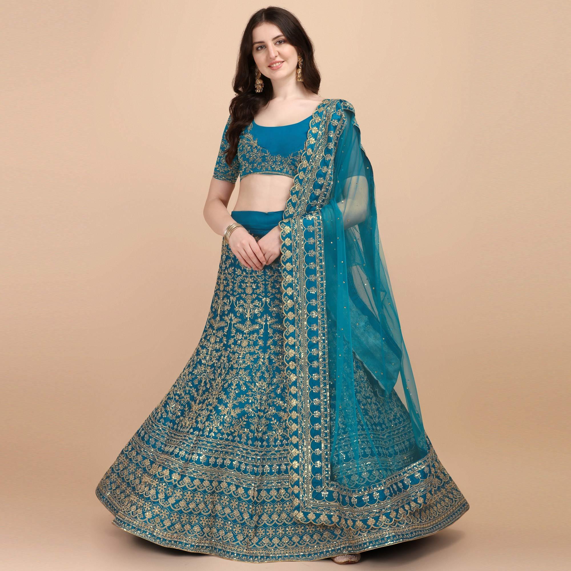 Blue Party Wear Sequence Embroidered Silk Lehenga Choli - Peachmode