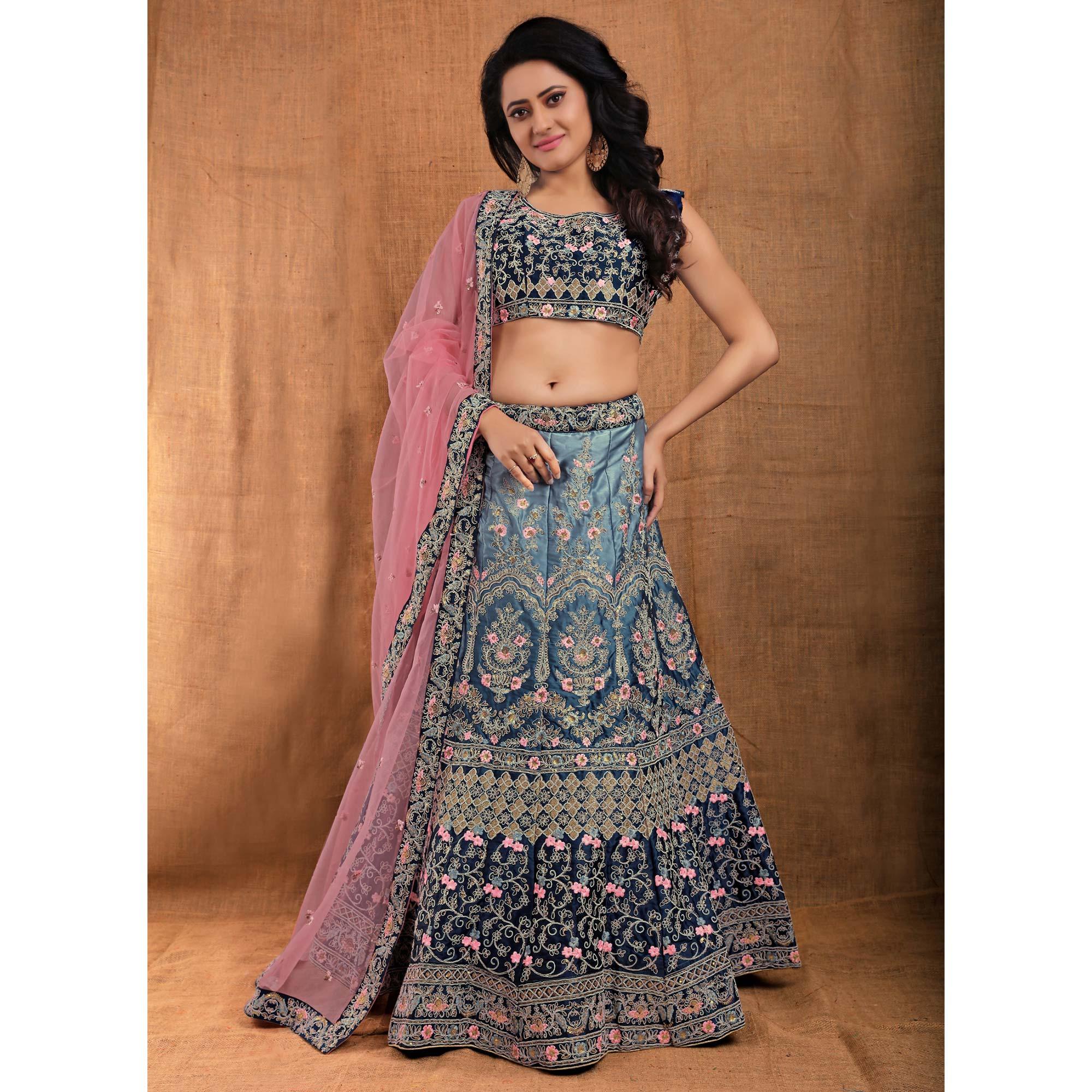 Blue Party Wear Sequence Embroidered Silk Lehenga Choli - Peachmode