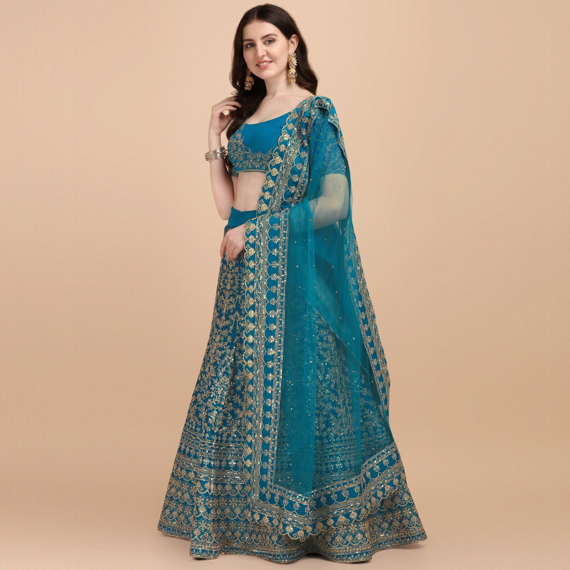 Blue Party Wear Sequence Embroidered Silk Lehenga Choli - Peachmode