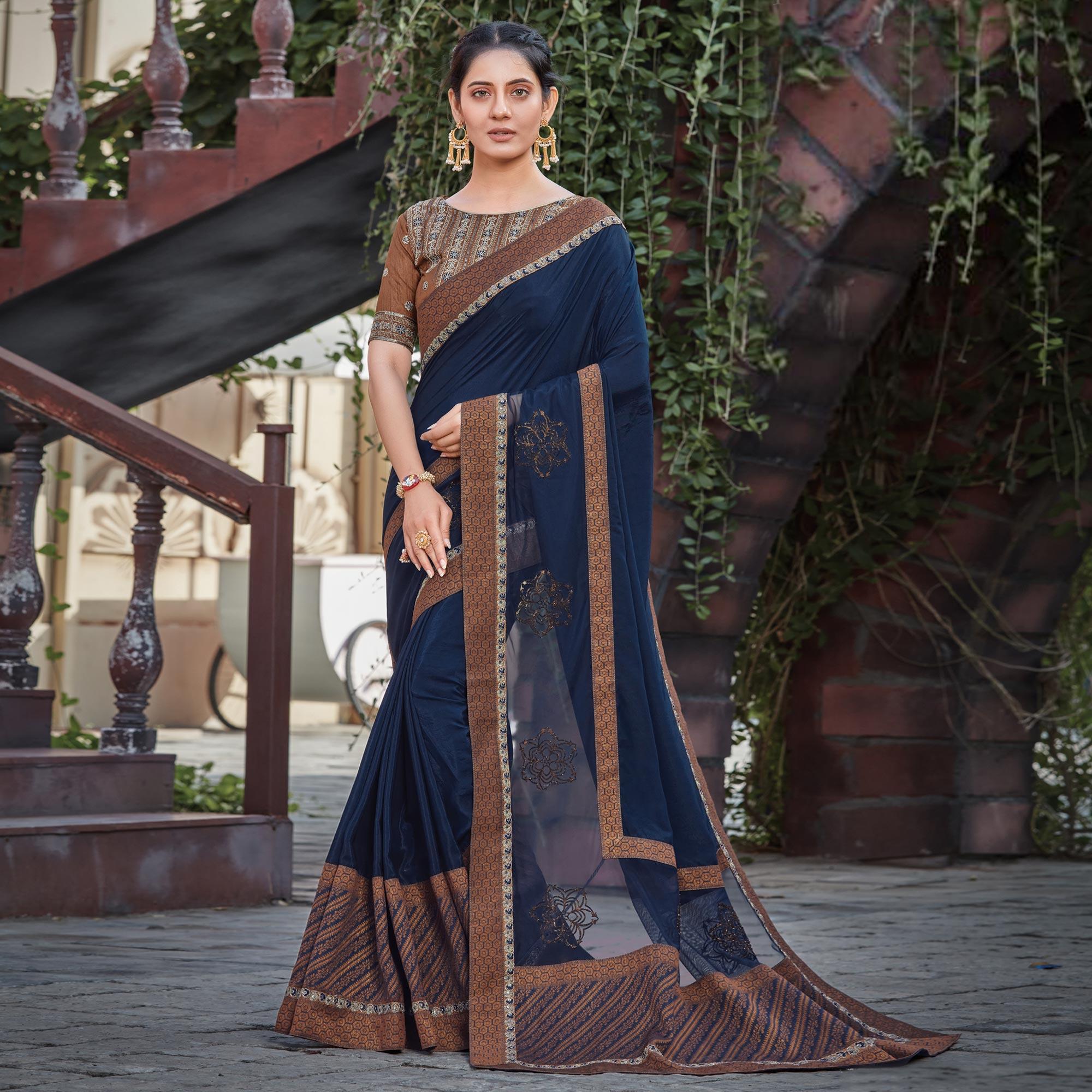 Blue Party Wear Sequence  Silk Saree - Peachmode