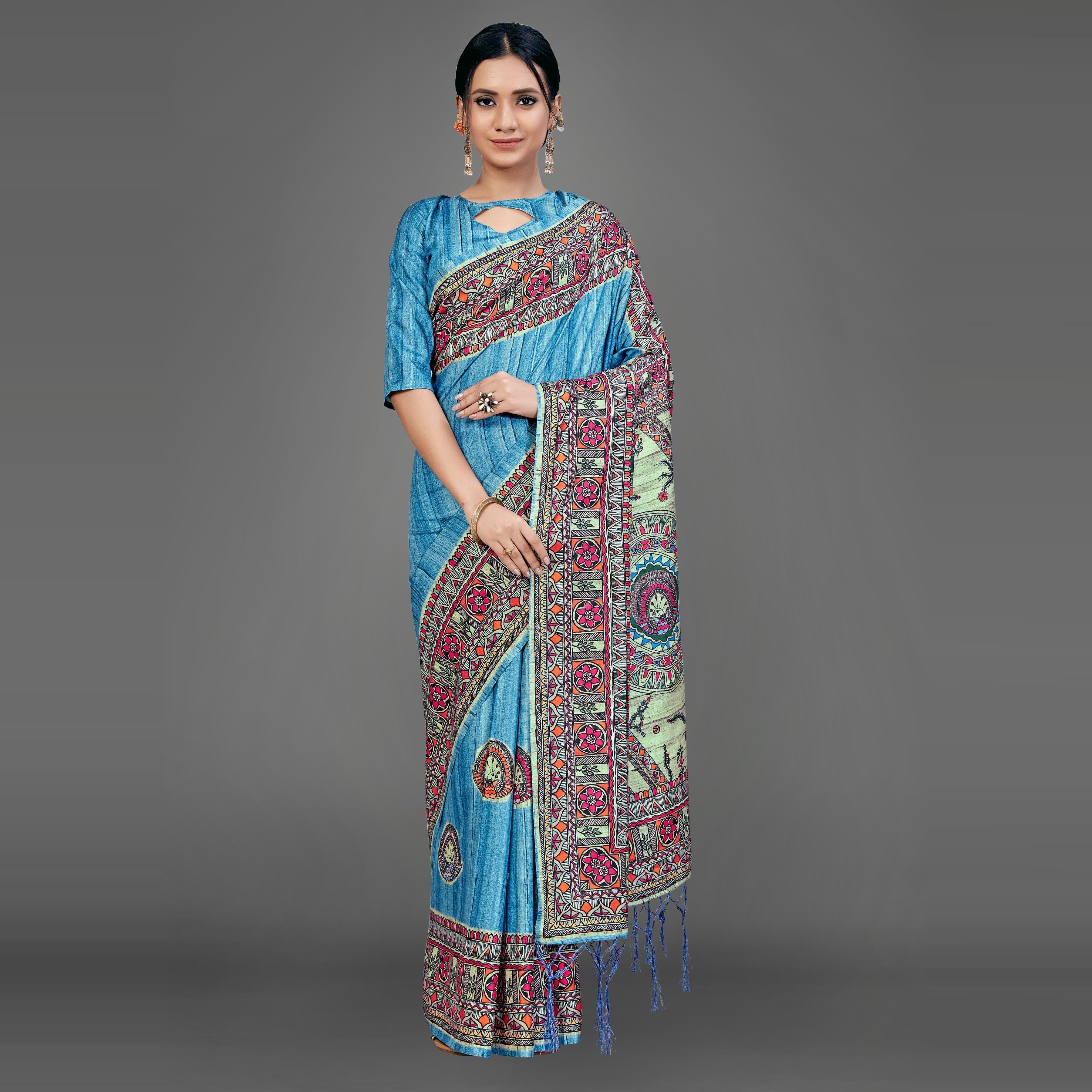 Blue Party Wear Silk Blend Geomatric Saree With Unstitched Blouse - Peachmode