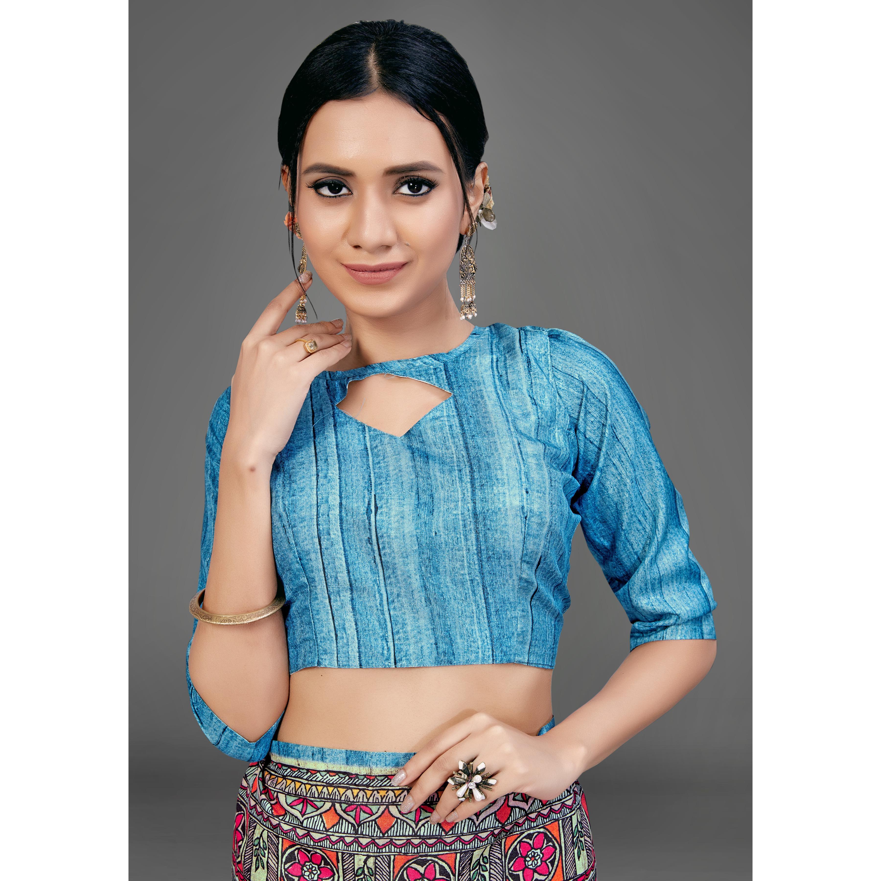 Blue Party Wear Silk Blend Geomatric Saree With Unstitched Blouse - Peachmode