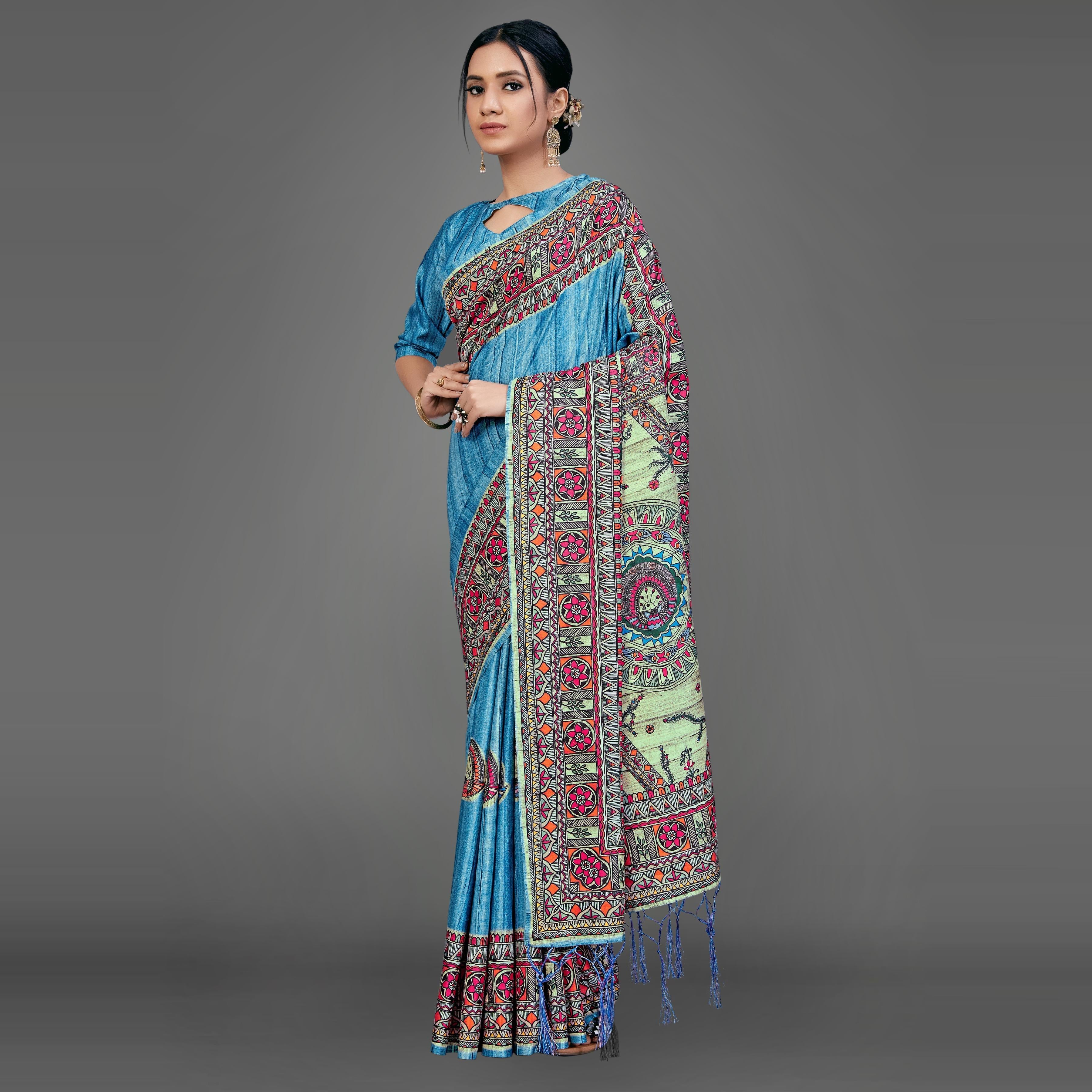 Blue Party Wear Silk Blend Geomatric Saree With Unstitched Blouse - Peachmode