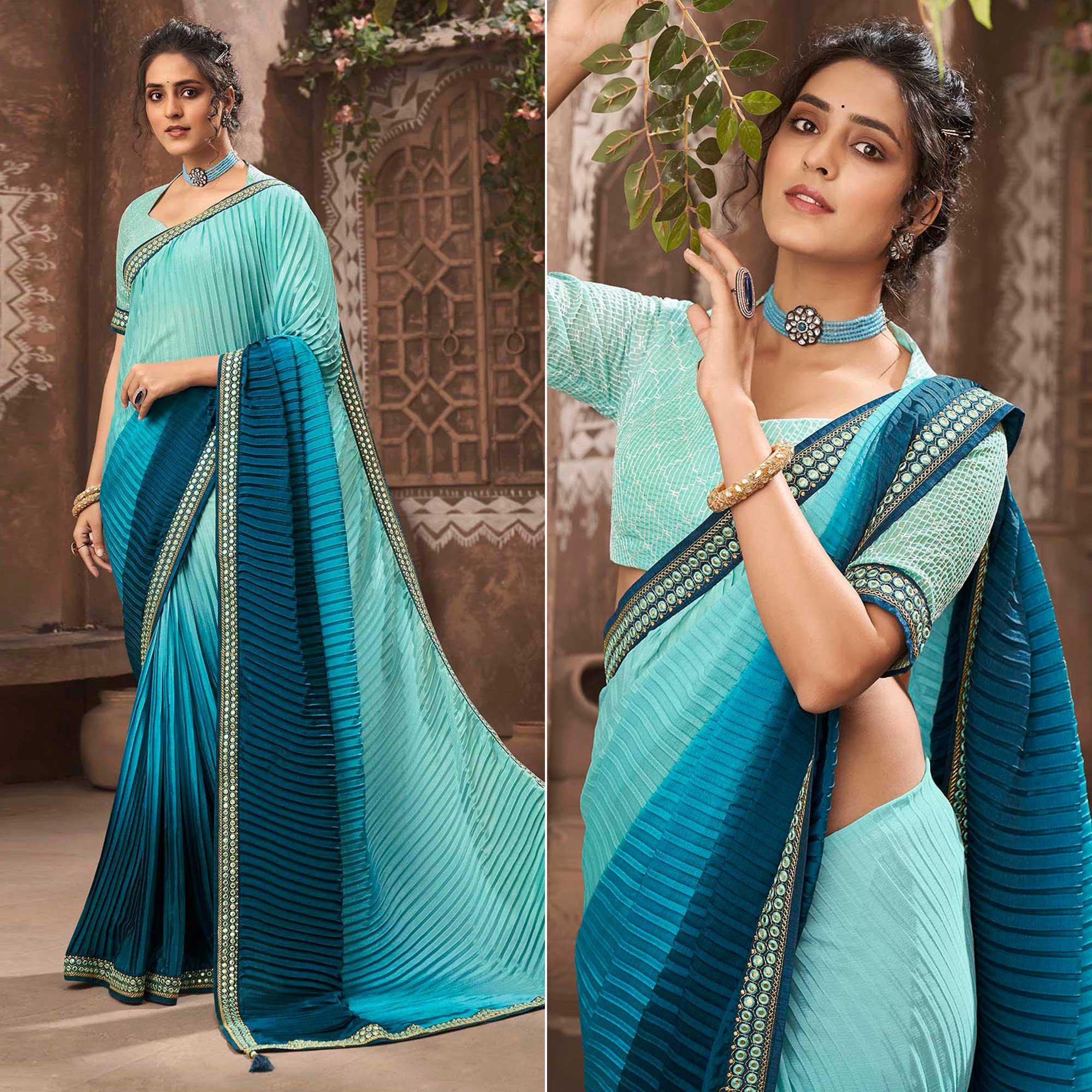Blue Partywear Crushed Chiffon Saree with Fancy Lace - Peachmode