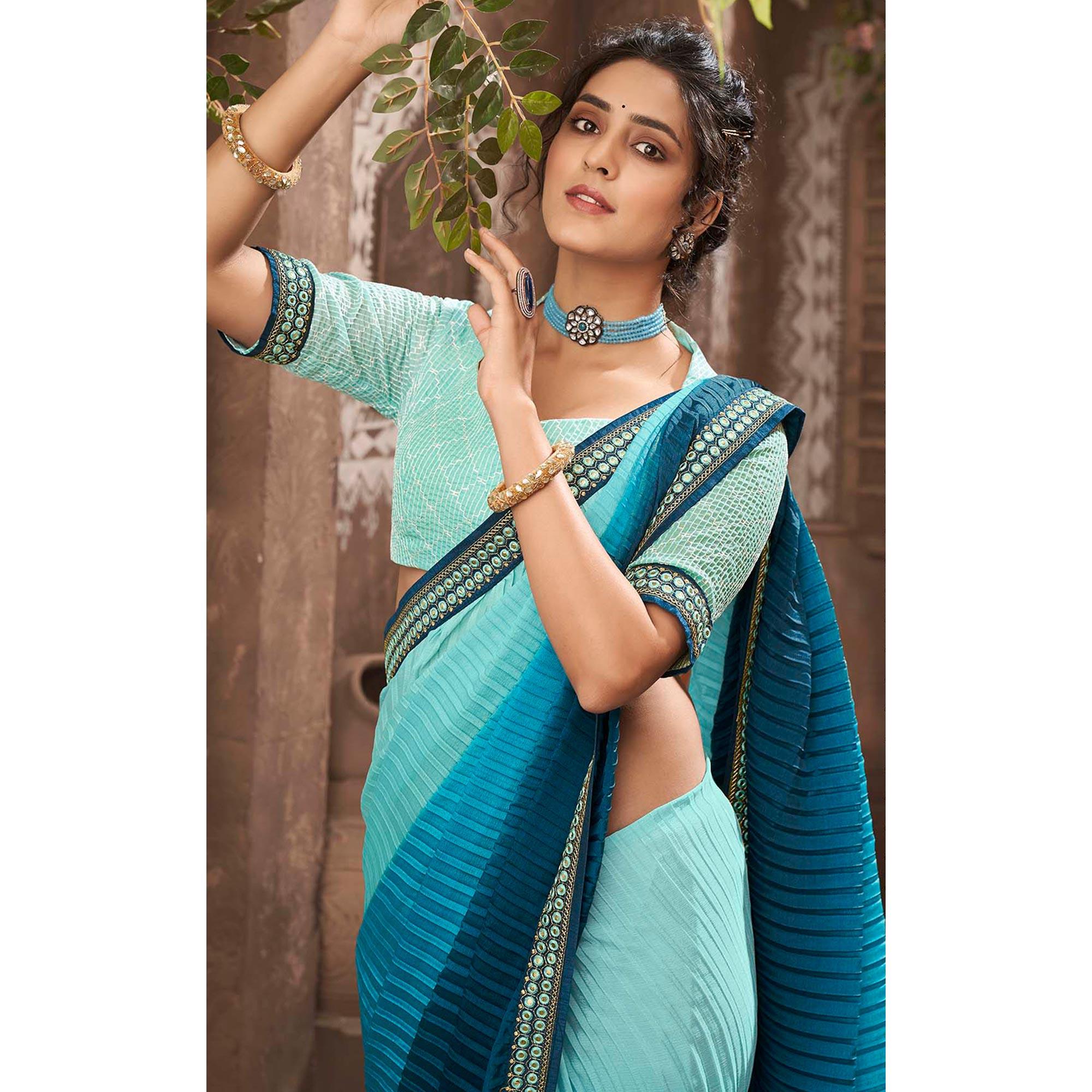 Blue Partywear Crushed Chiffon Saree with Fancy Lace - Peachmode