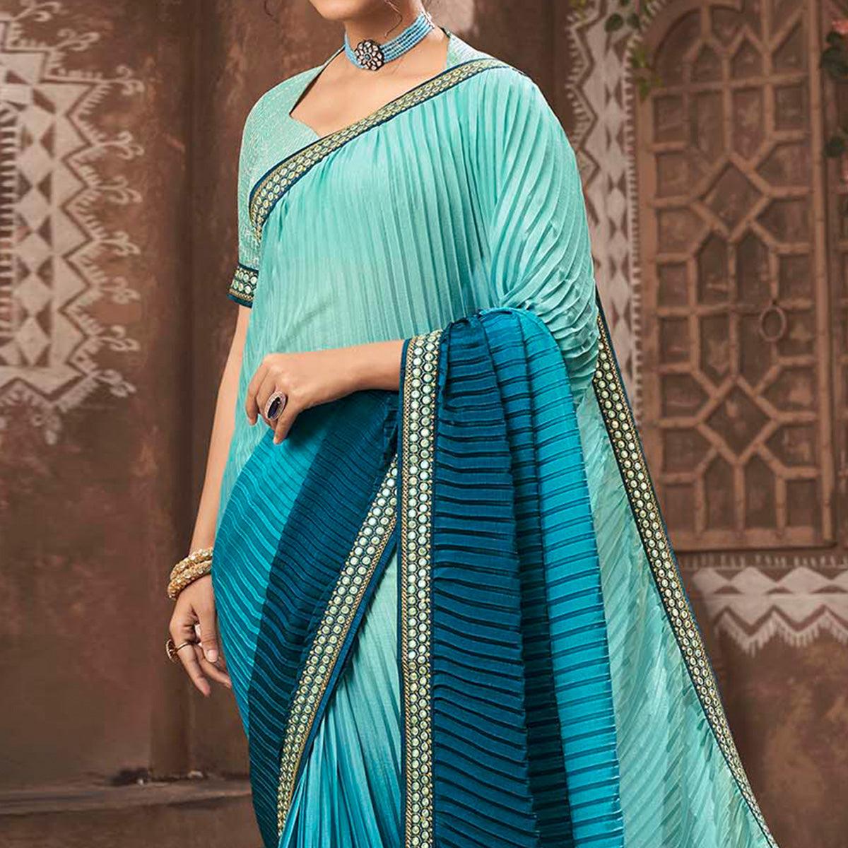 Blue Partywear Crushed Chiffon Saree with Fancy Lace - Peachmode