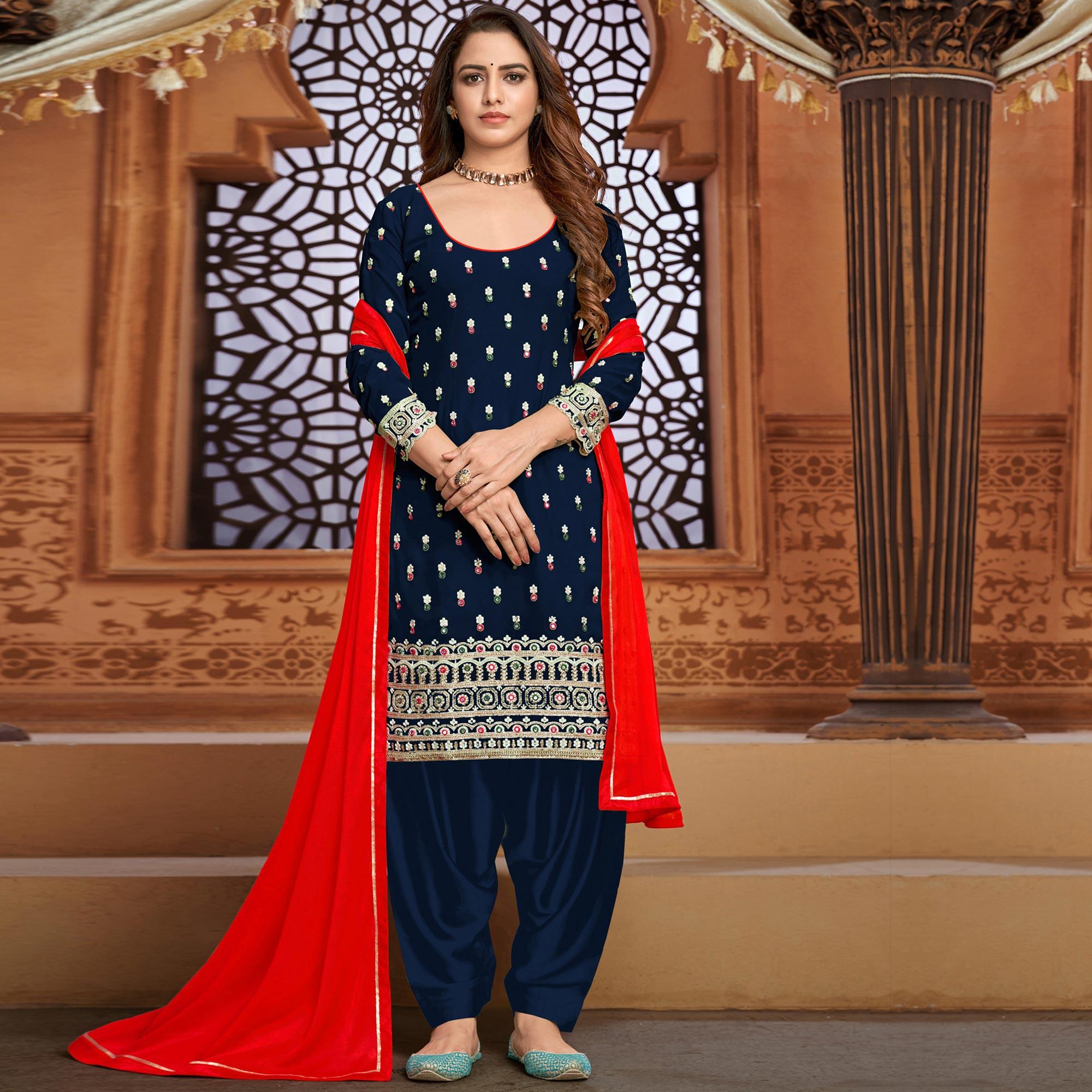 Blue Partywear Designer Embroidered Faux Georgette Patiyala Suit - Peachmode