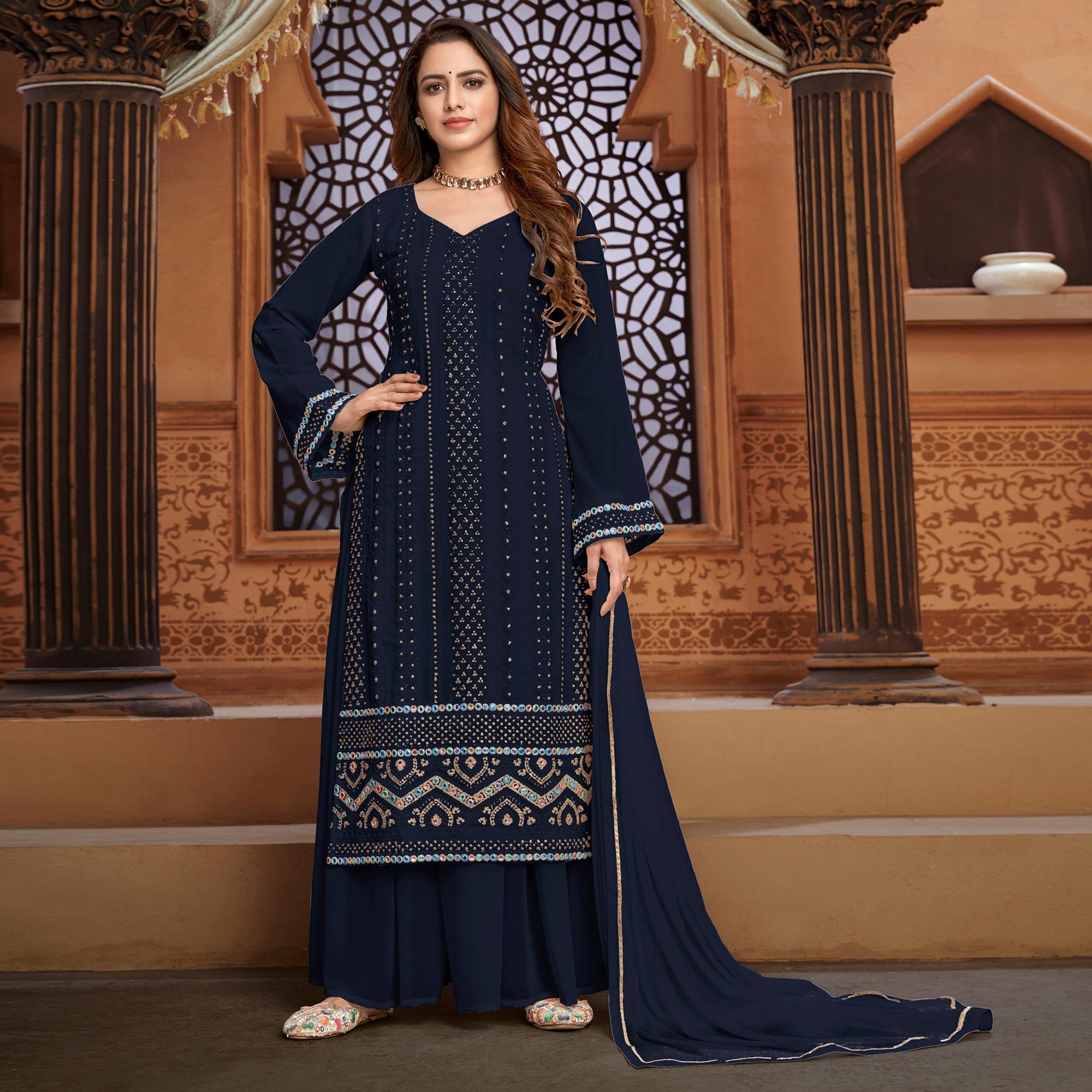 Blue Partywear Designer Embroidered Heavy Faux Georgette Palazzo Suit Peachmode