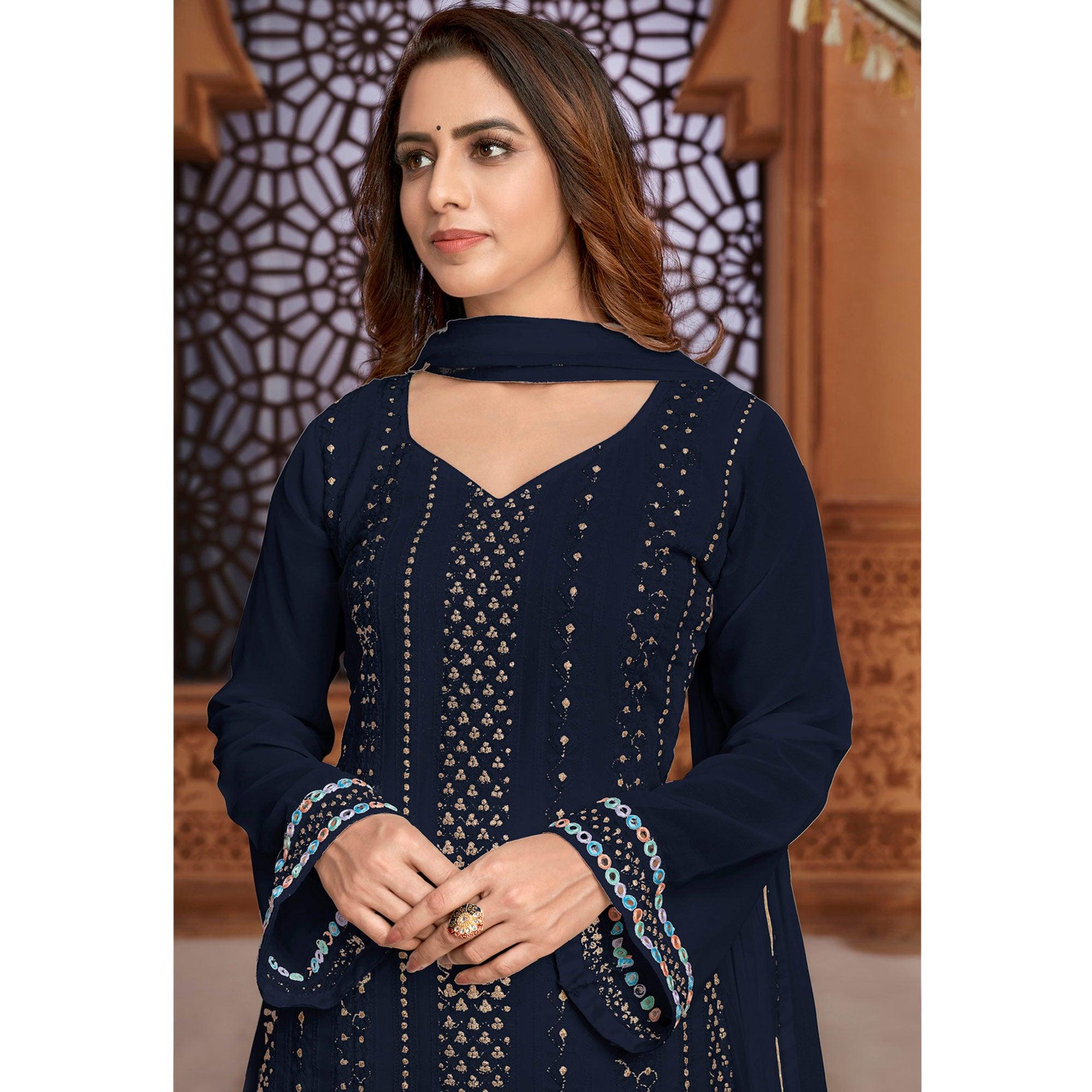 Blue Partywear Designer Embroidered Heavy Faux Georgette Palazzo Suit - Peachmode