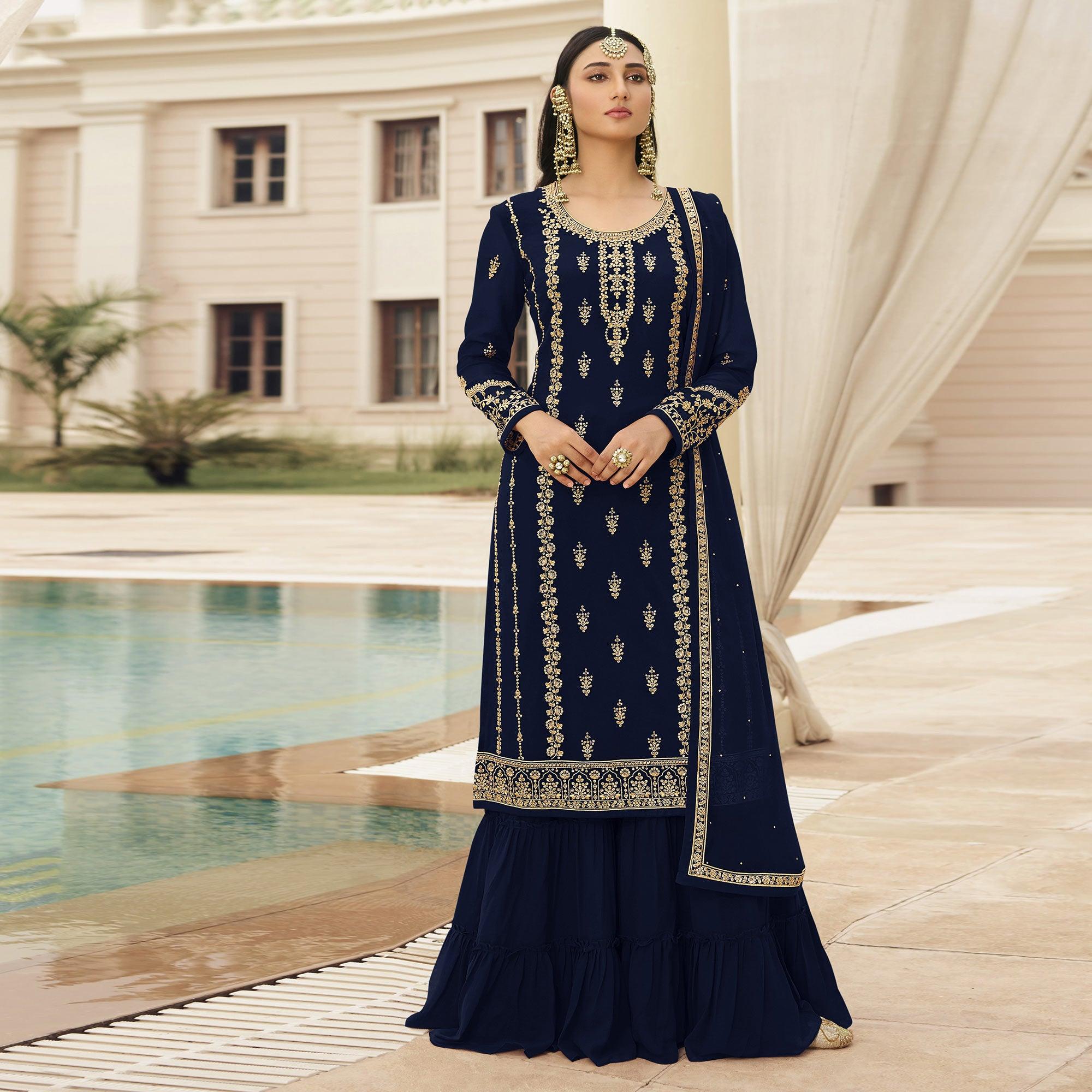 Blue Partywear Designer Embroidered With Sequence Georgette Palazzo Suit - Peachmode