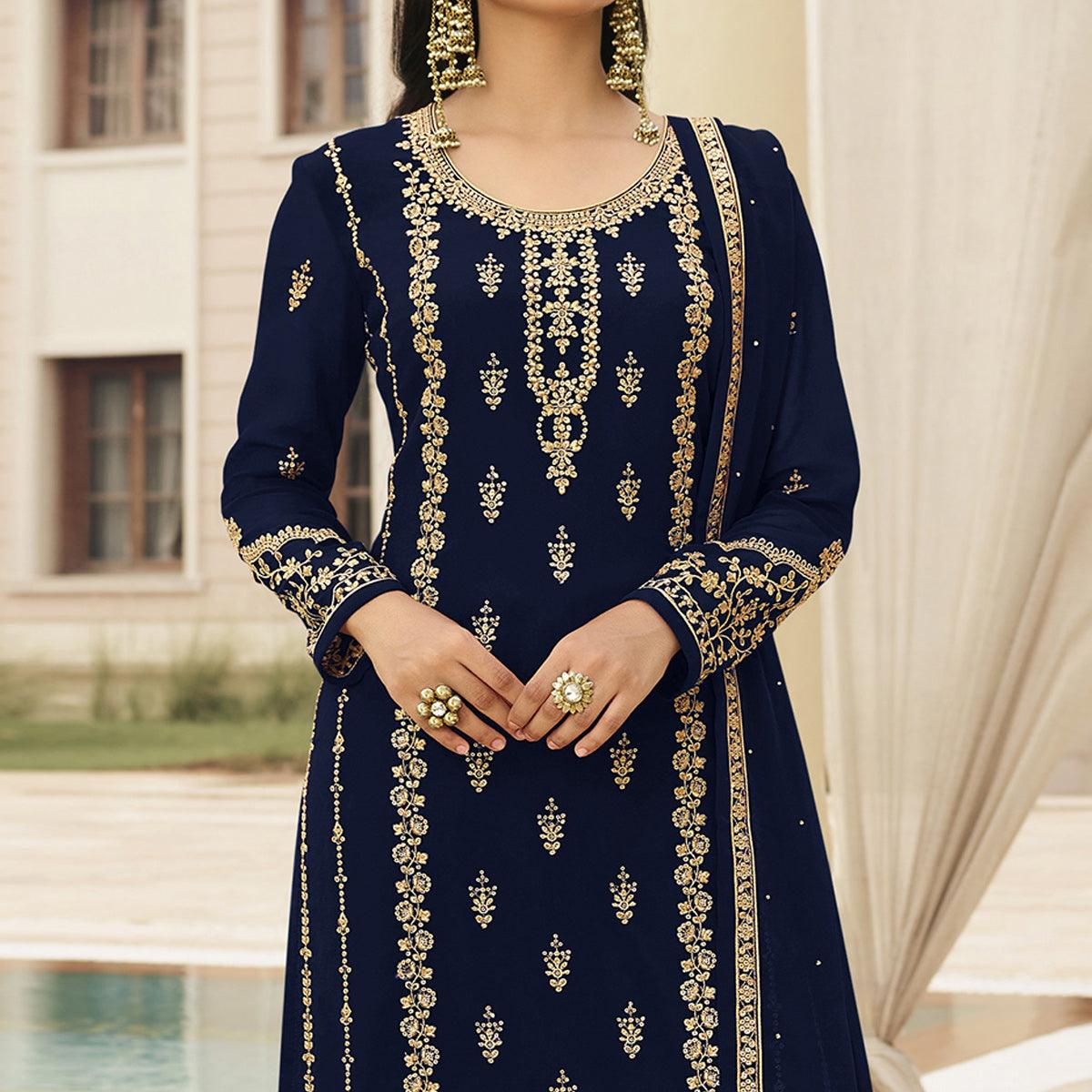 Blue Partywear Designer Embroidered With Sequence Georgette Palazzo Suit - Peachmode