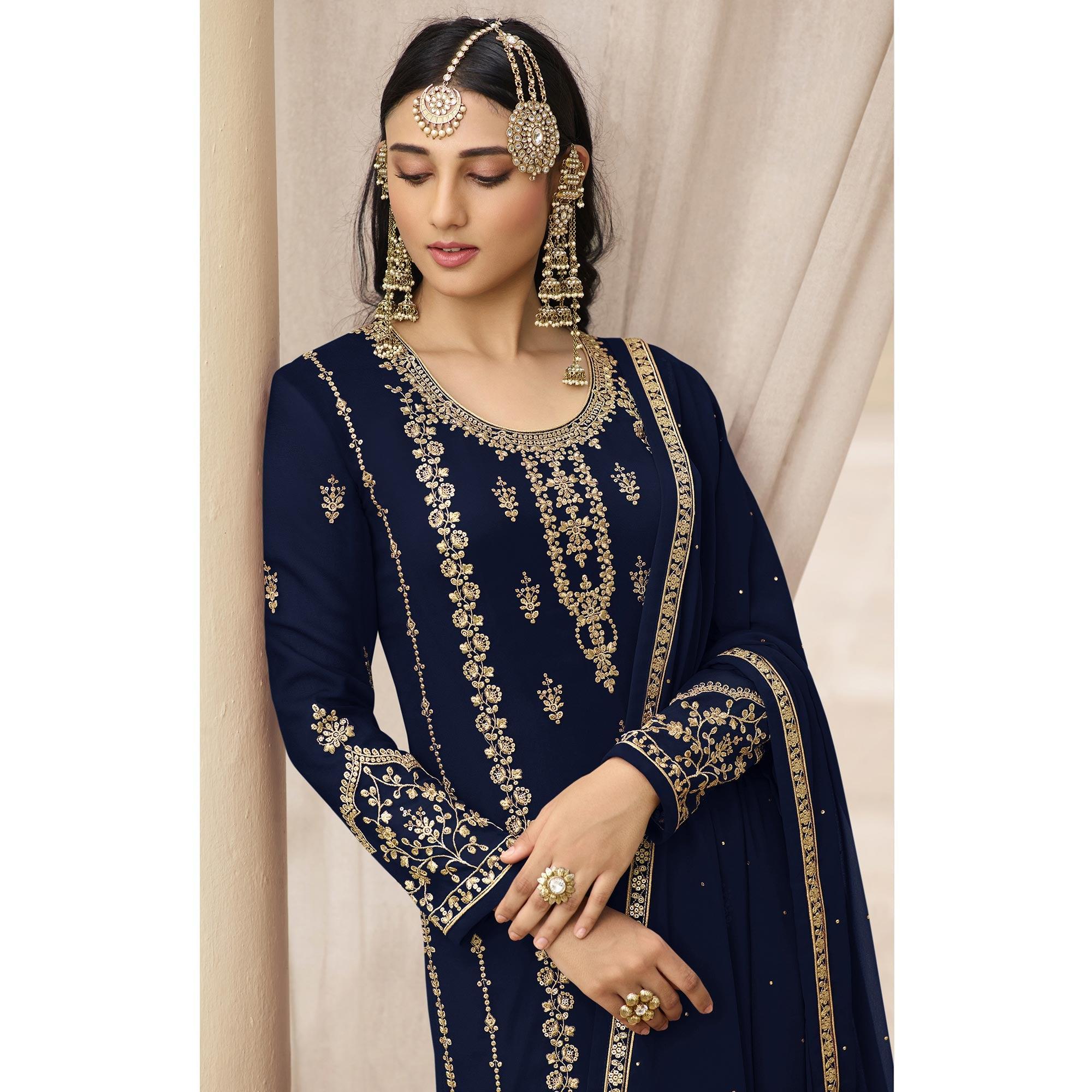 Blue Partywear Designer Embroidered With Sequence Georgette Palazzo Suit - Peachmode