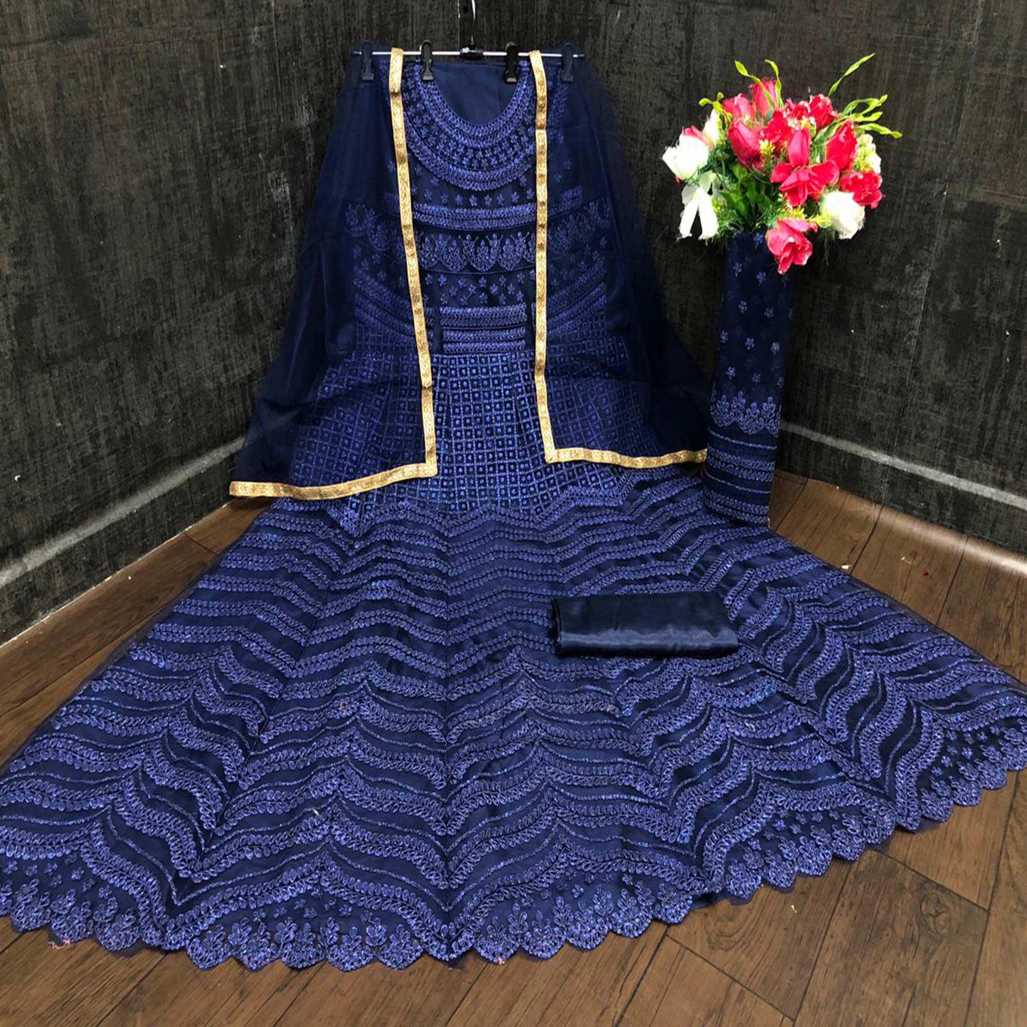 Blue Partywear Designer Embroidery Heavy Butterfly Net Anarkali Suit - Peachmode