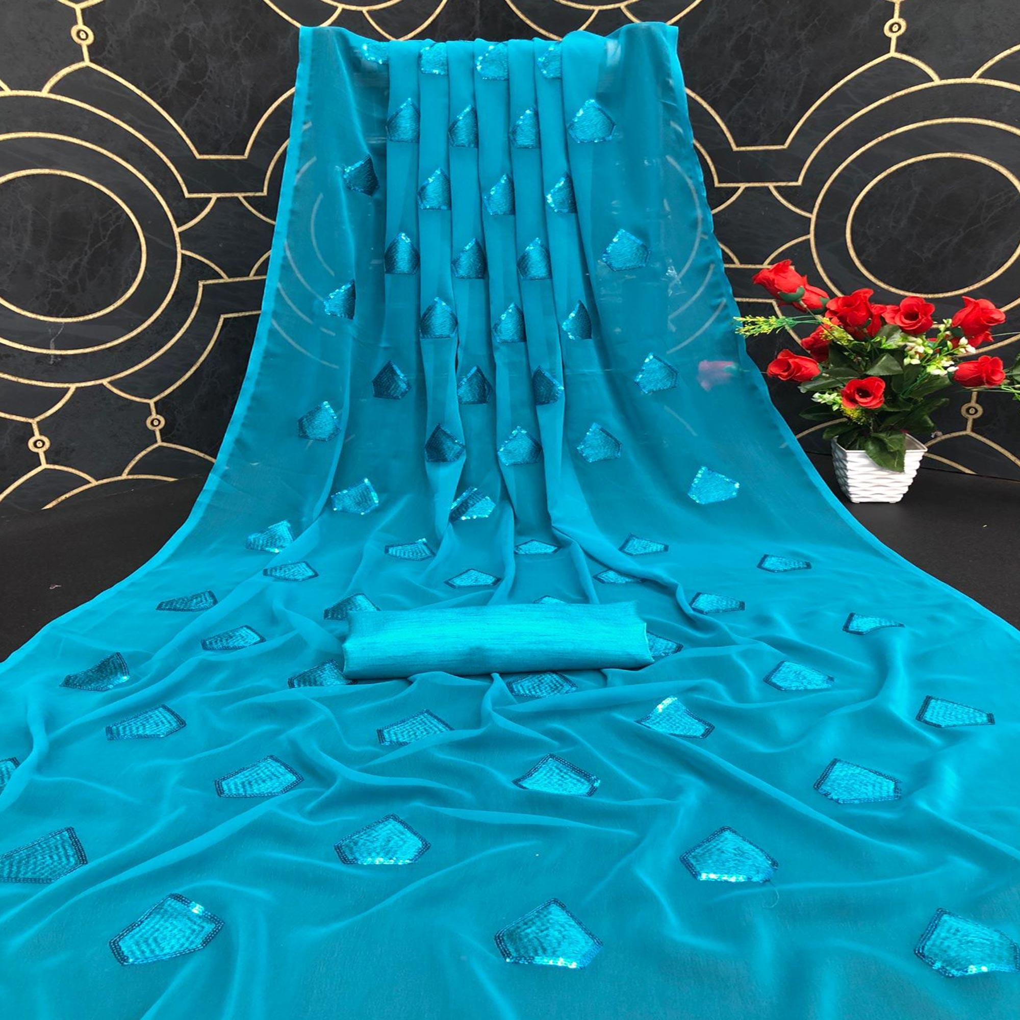 Blue Partywear Diamond Sequence Georgette Saree - Peachmode