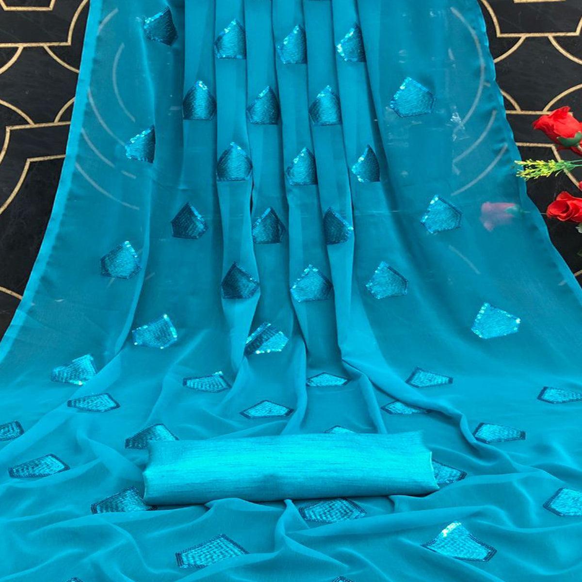 Blue Partywear Diamond Sequence Georgette Saree - Peachmode
