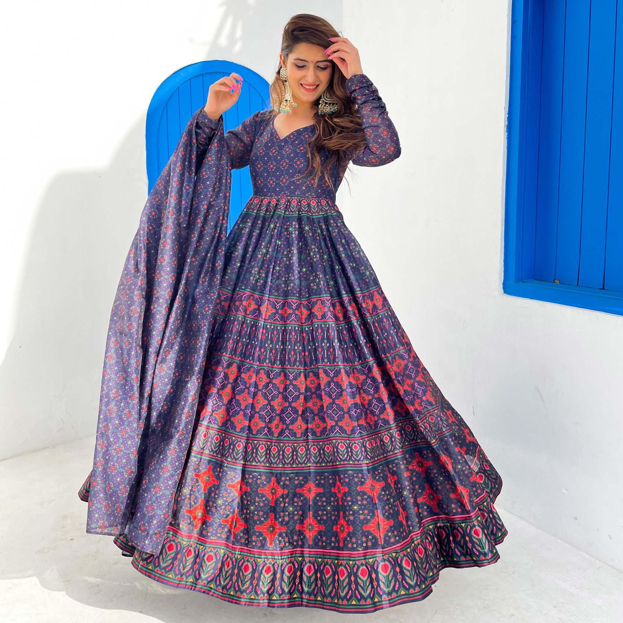 Blue Partywear Digital Printed Chanderi Gown - Peachmode