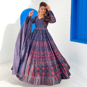 Blue Partywear Digital Printed Chanderi Gown - Peachmode