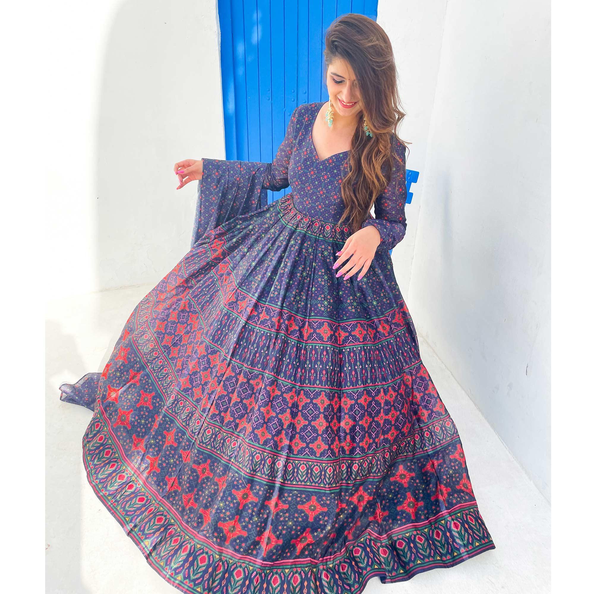 Blue Partywear Digital Printed Chanderi Gown - Peachmode