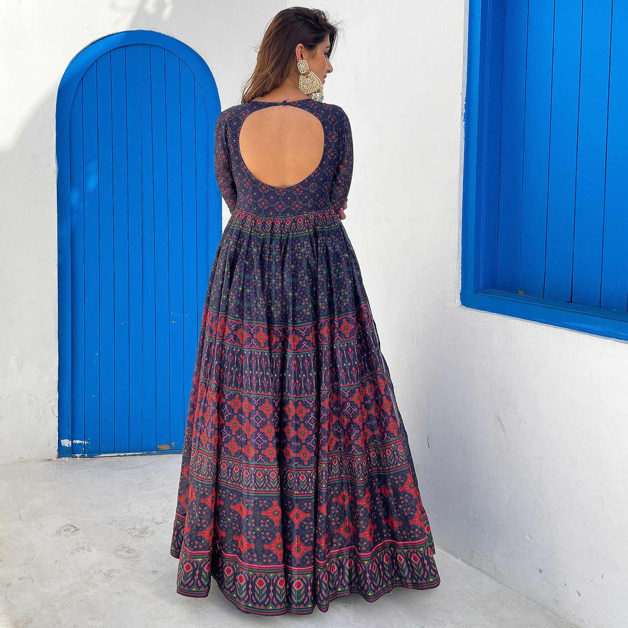 Blue Partywear Digital Printed Chanderi Gown - Peachmode