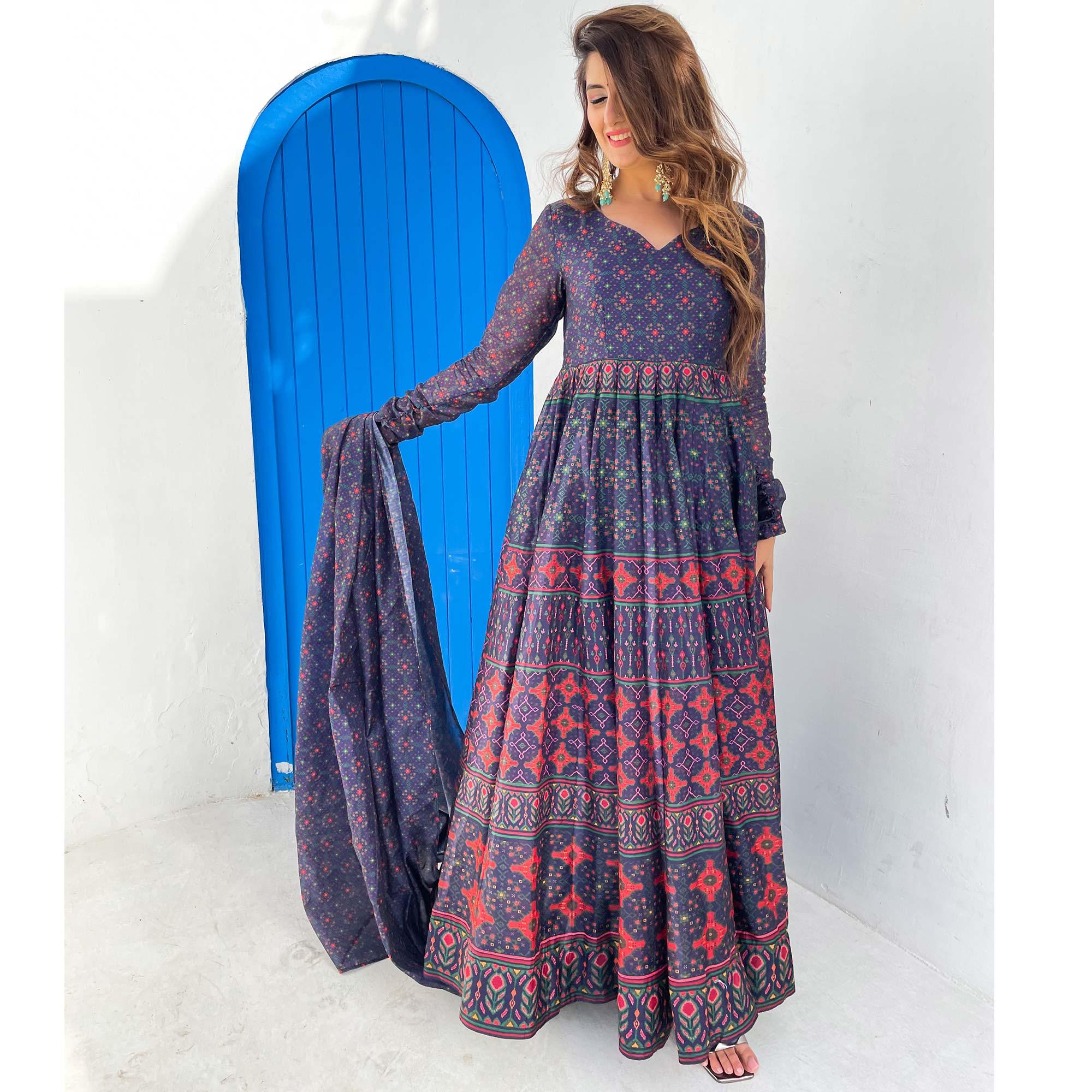 Blue Partywear Digital Printed Chanderi Gown - Peachmode