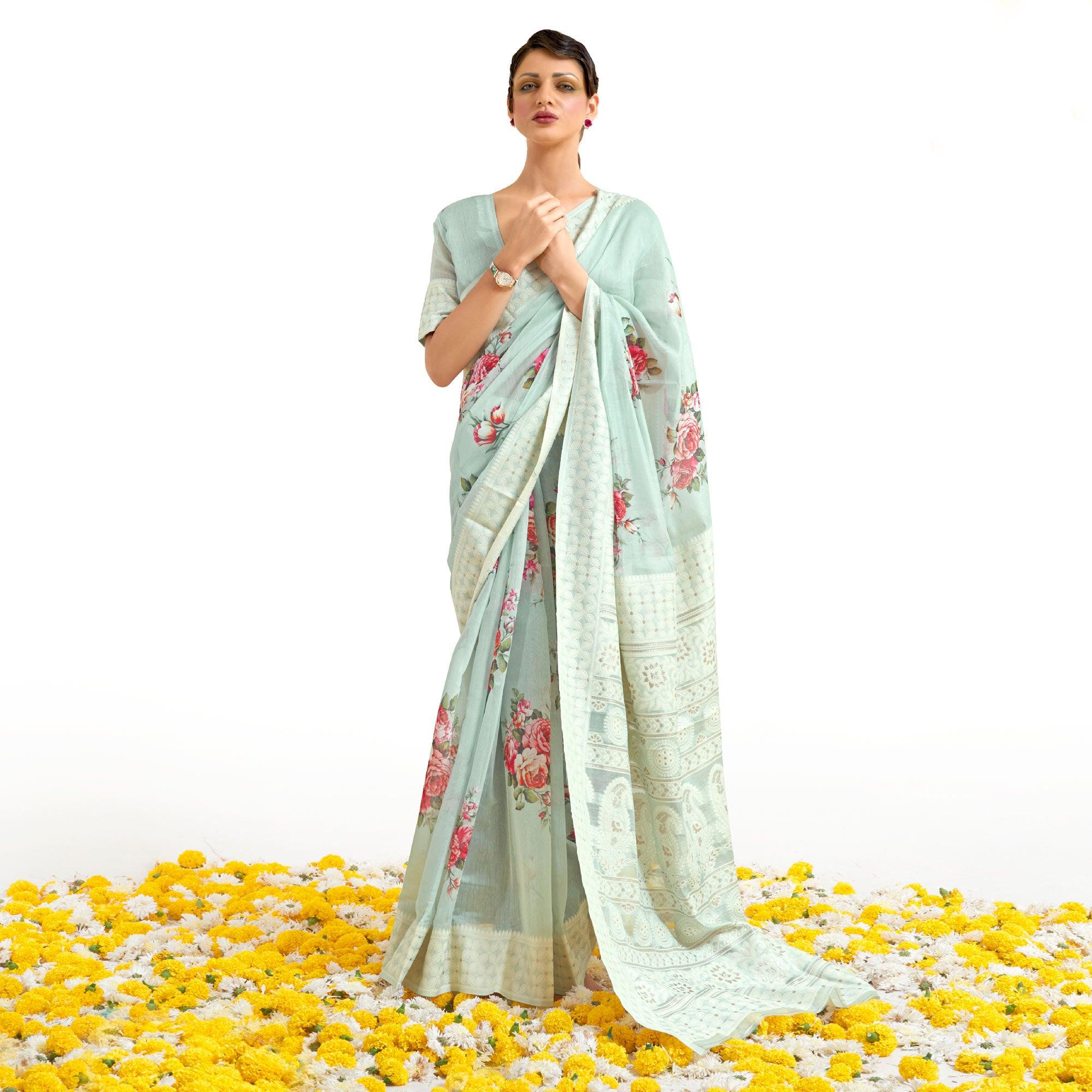 Blue Partywear Digital Printed Chanderi Saree - Peachmode