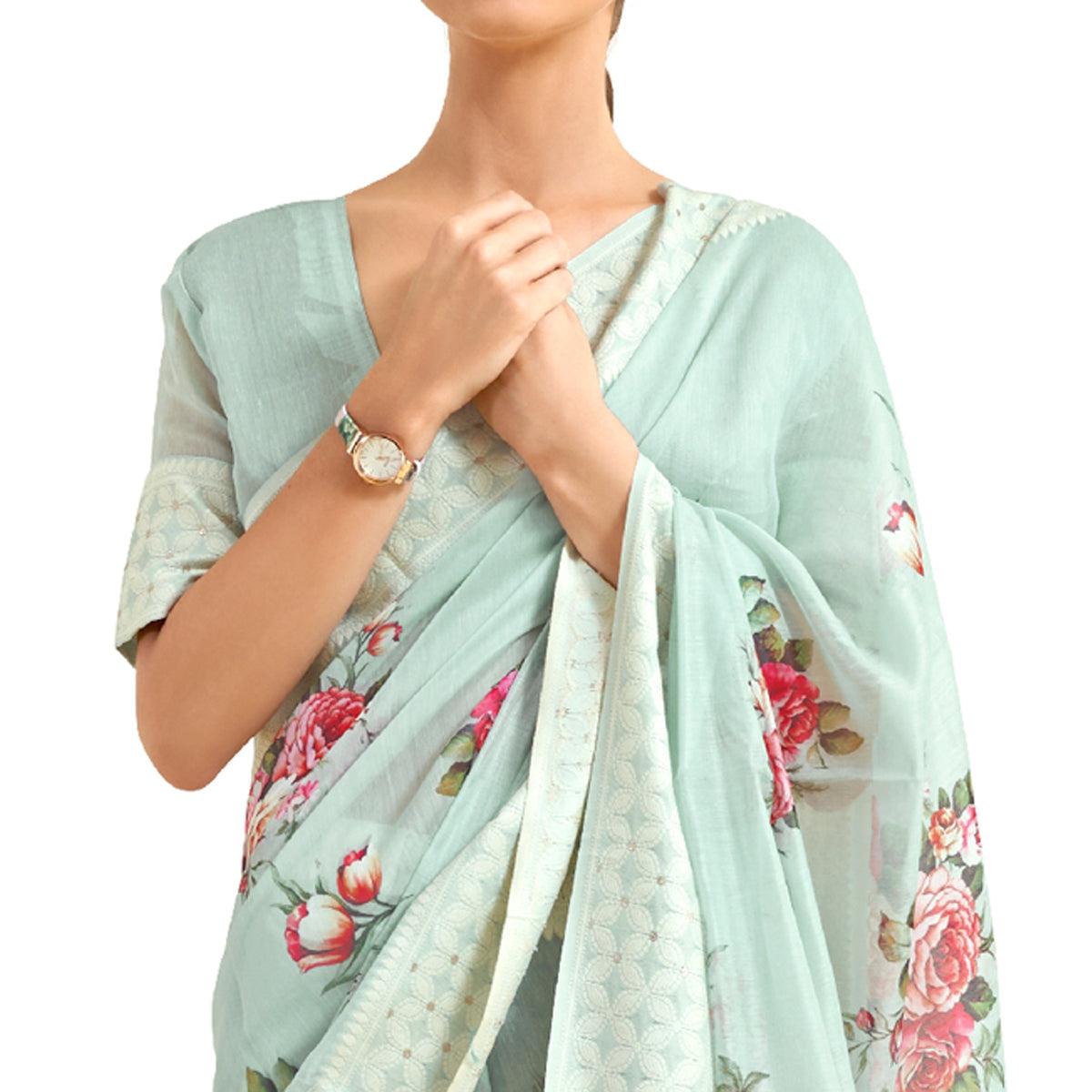 Blue Partywear Digital Printed Chanderi Saree - Peachmode