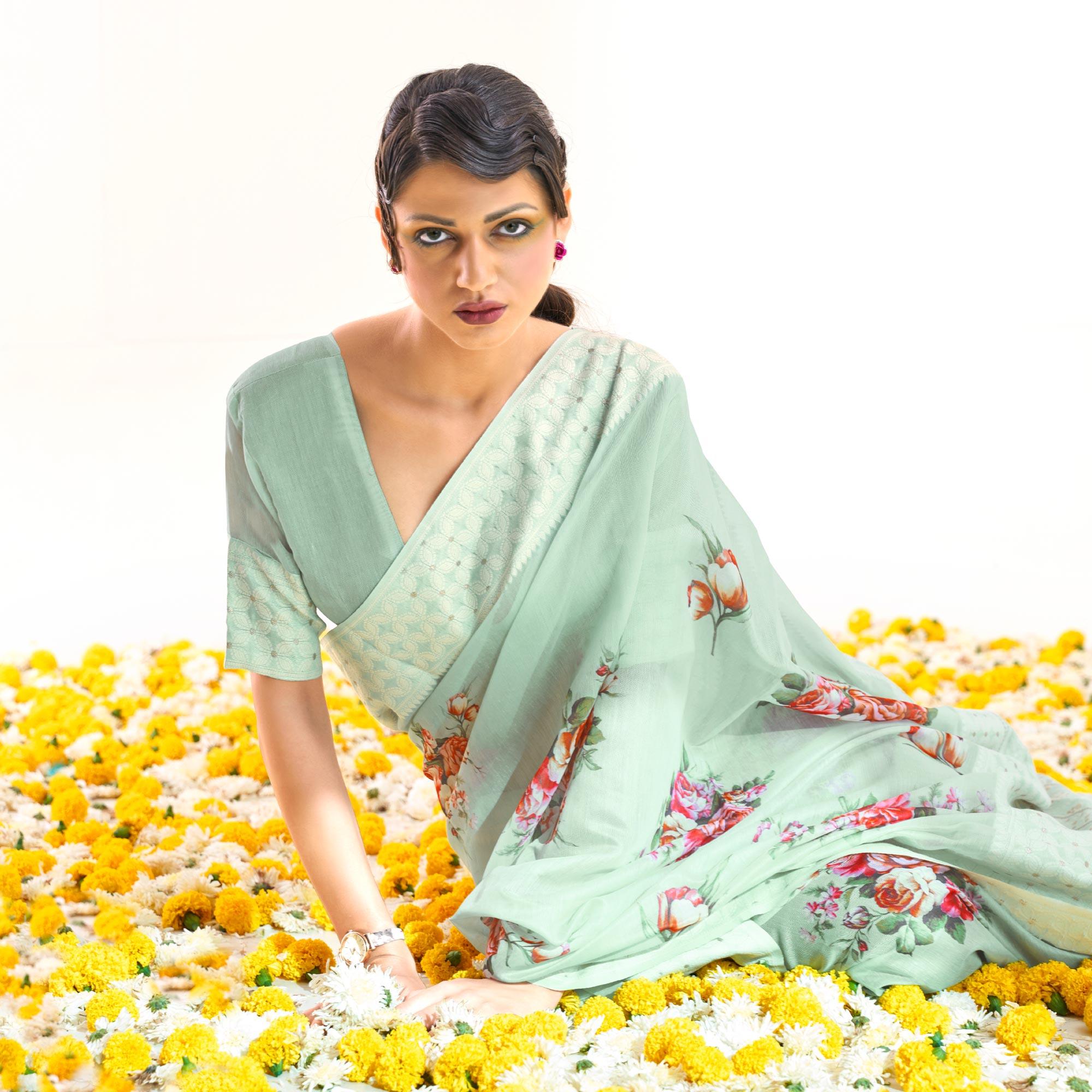 Blue Partywear Digital Printed Chanderi Saree - Peachmode