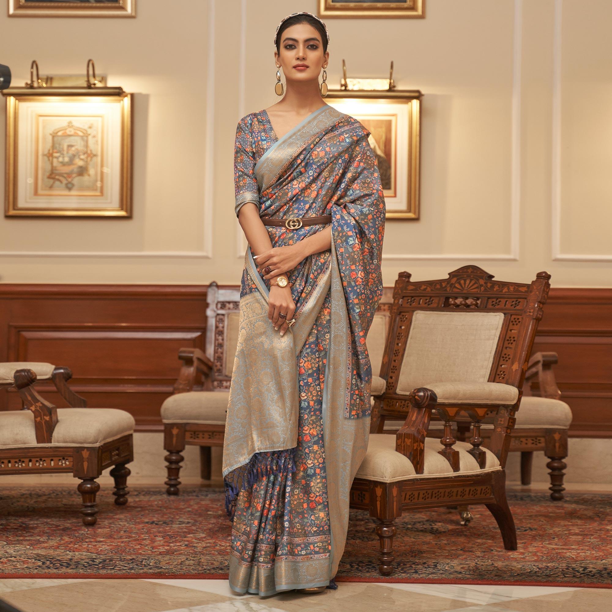 Blue Partywear Digital Printed Silk Saree - Peachmode