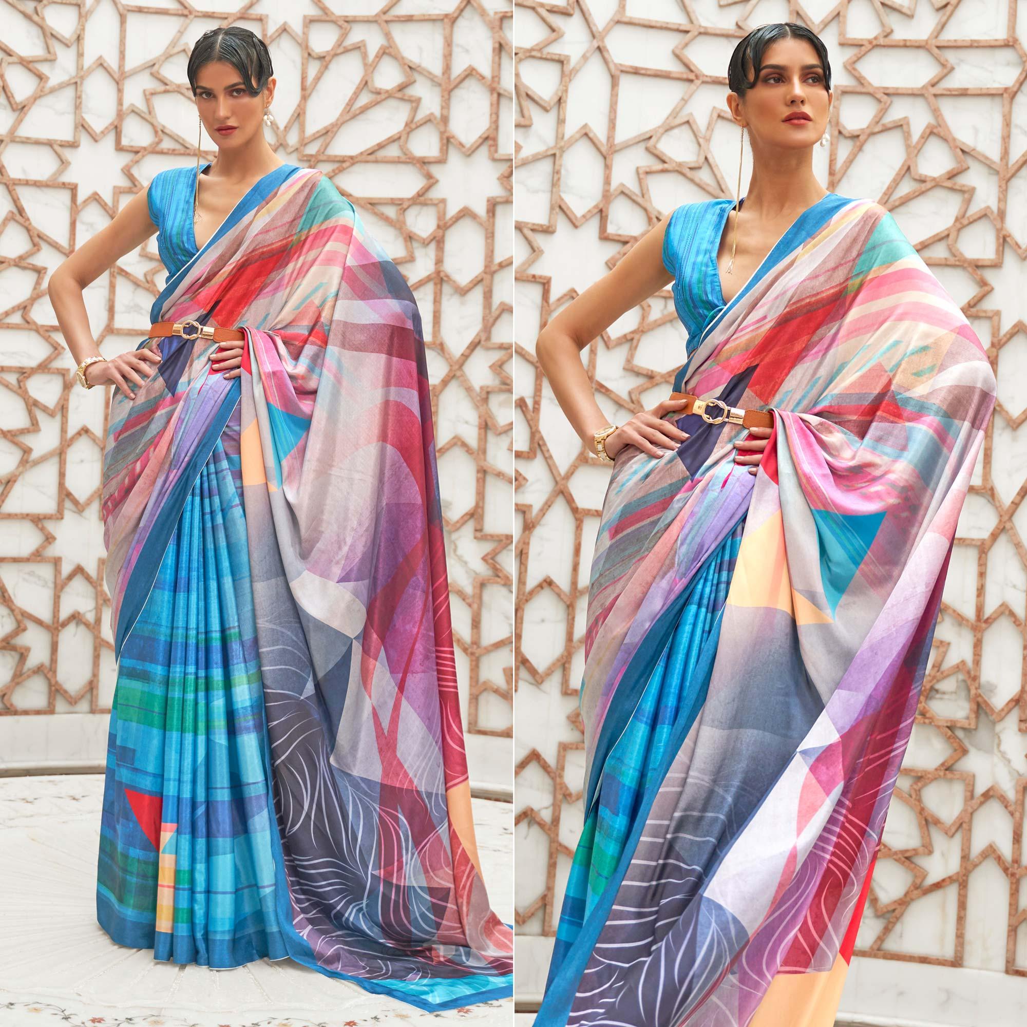 Blue Partywear Digital Printed Silk Saree - Peachmode