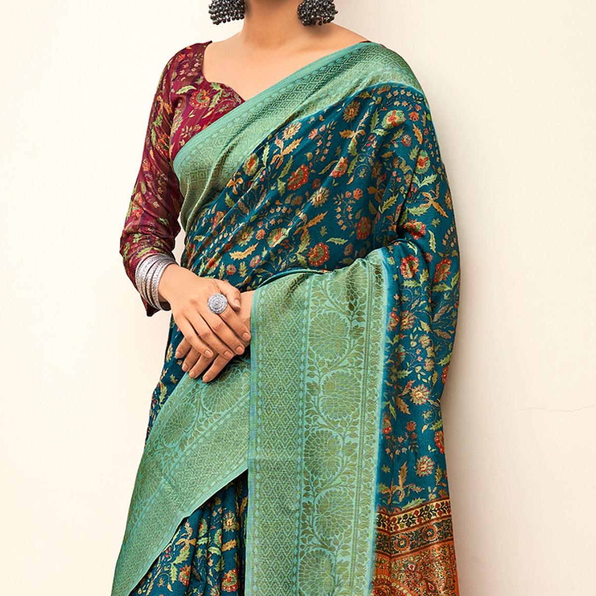 Blue Partywear Digital Printed Silk Saree - Peachmode