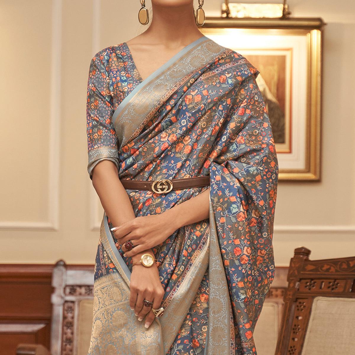 Blue Partywear Digital Printed Silk Saree - Peachmode