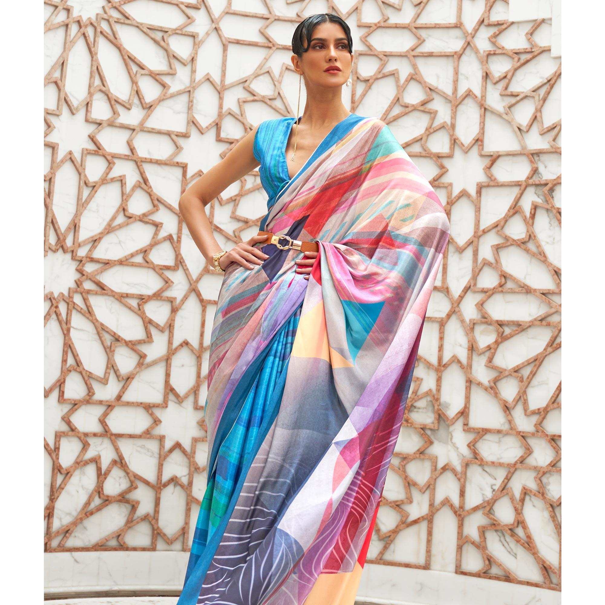 Blue Partywear Digital Printed Silk Saree - Peachmode