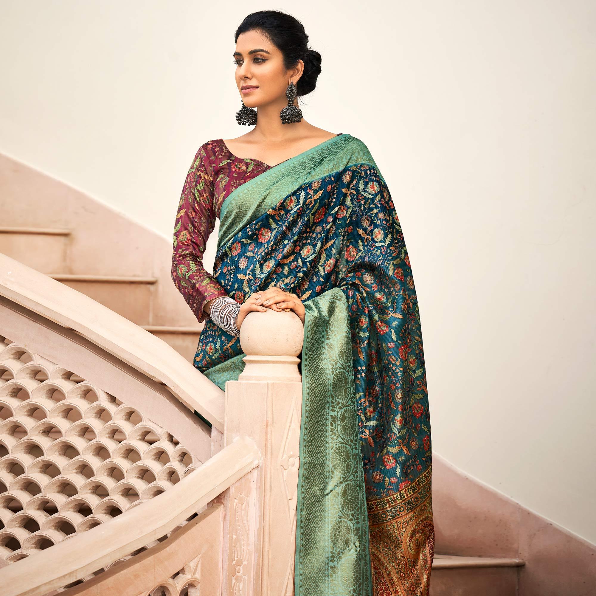 Blue Partywear Digital Printed Silk Saree - Peachmode