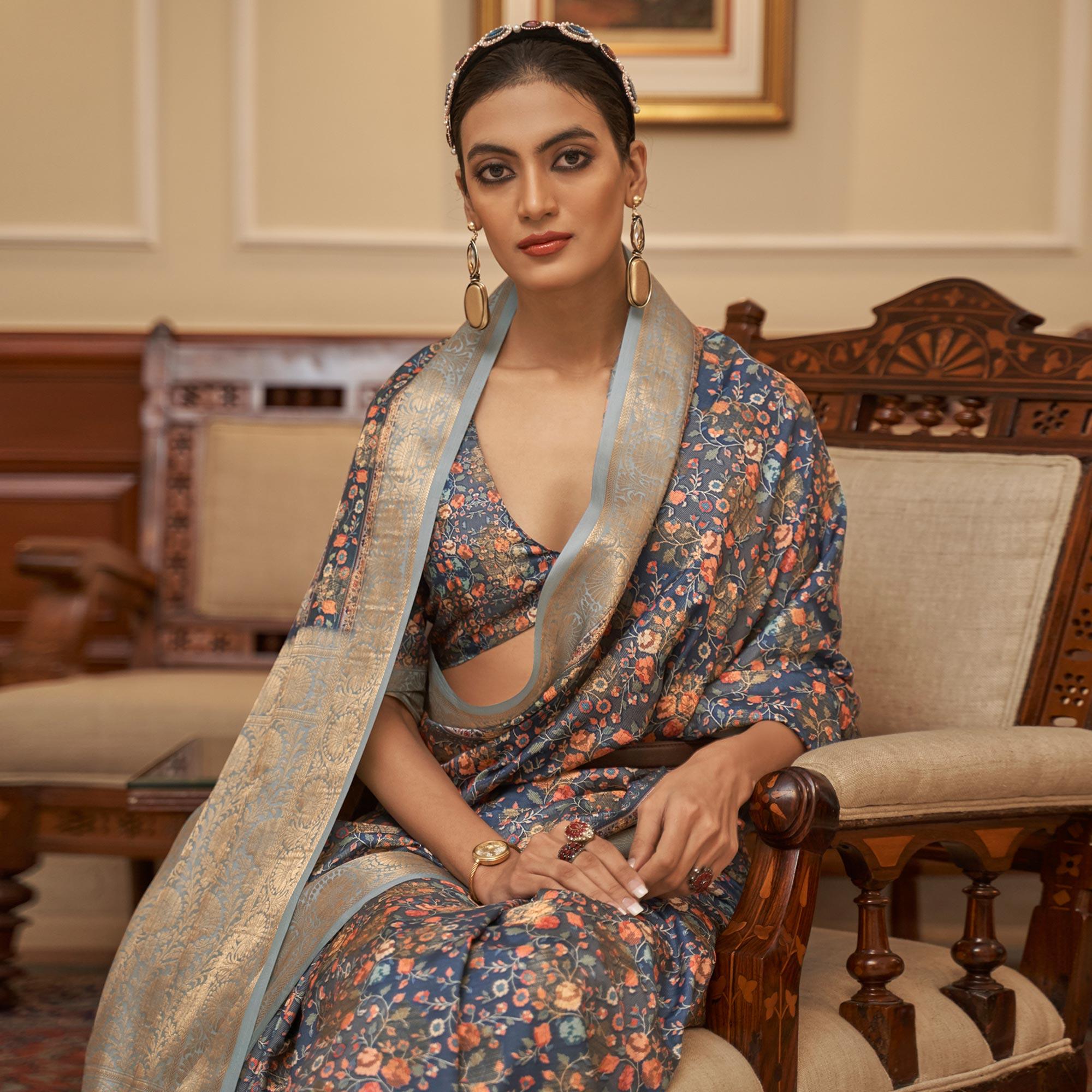 Blue Partywear Digital Printed Silk Saree - Peachmode