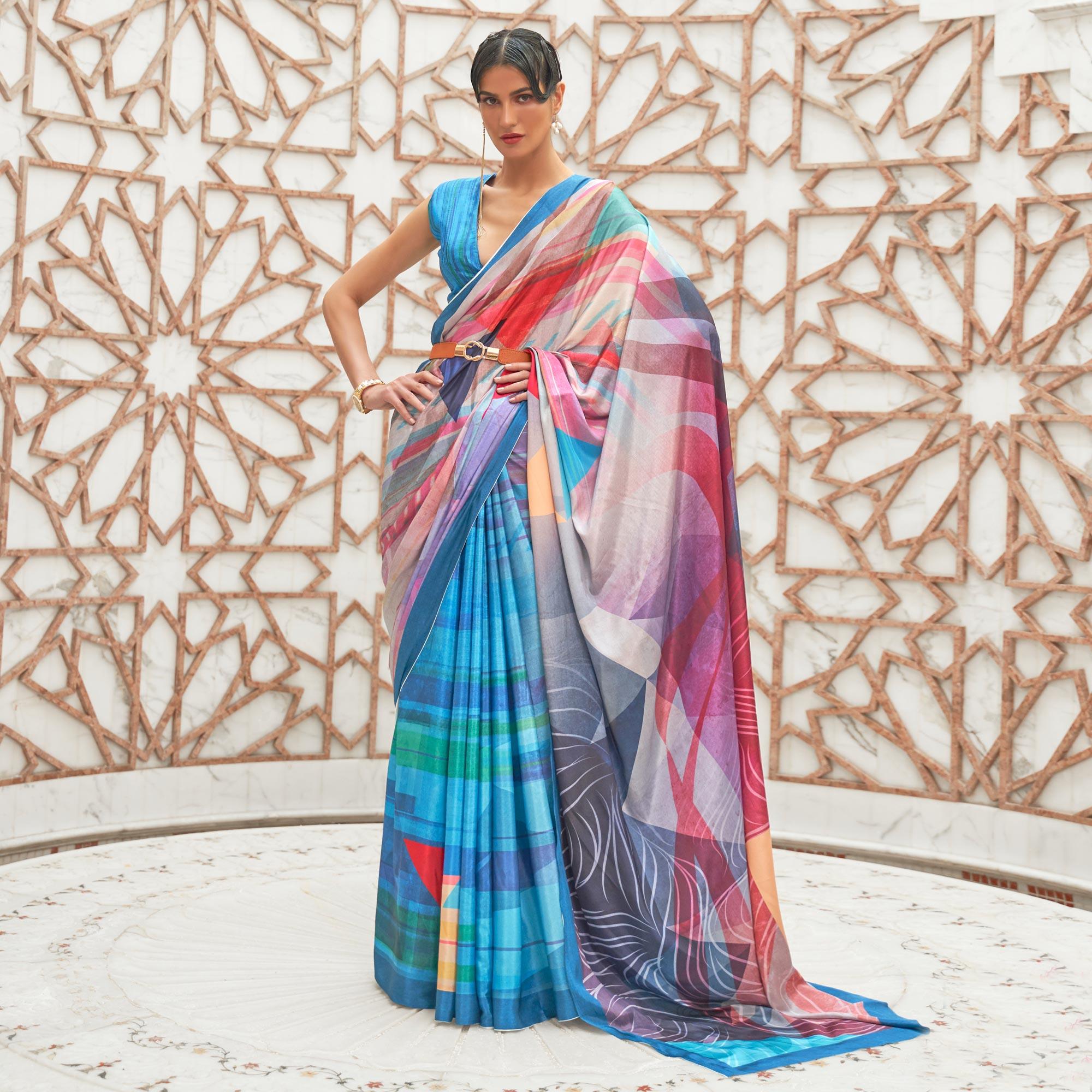 Blue Partywear Digital Printed Silk Saree - Peachmode