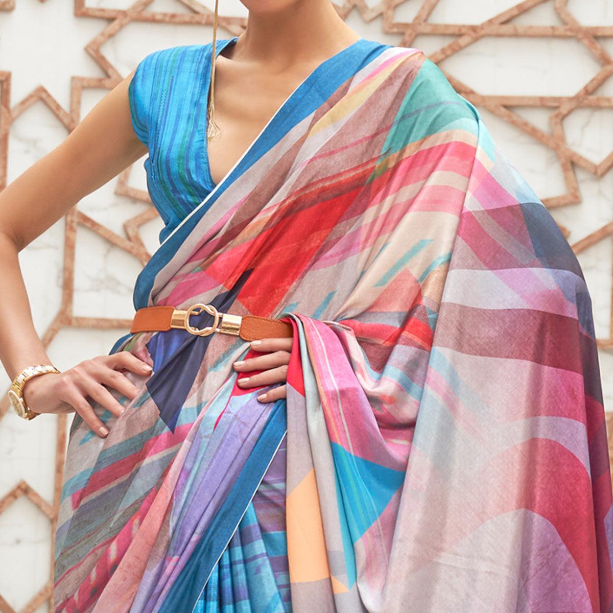 Blue Partywear Digital Printed Silk Saree - Peachmode