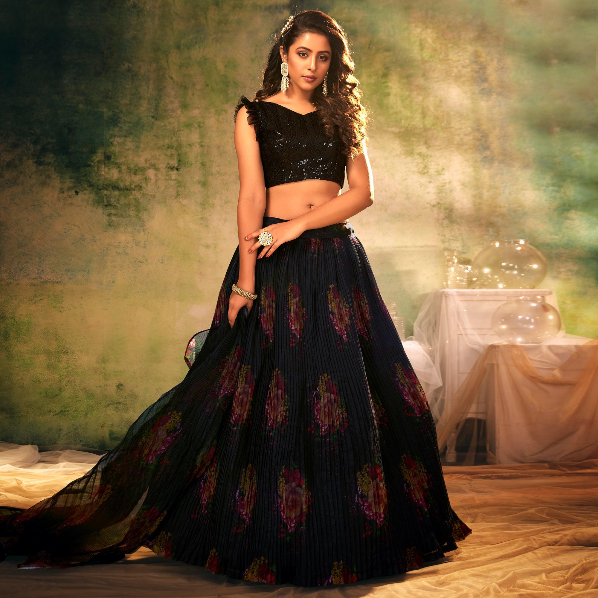 Blue Partywear Digital Printed with Crushed Plated Pattern Organza Lehenga Choli - Peachmode