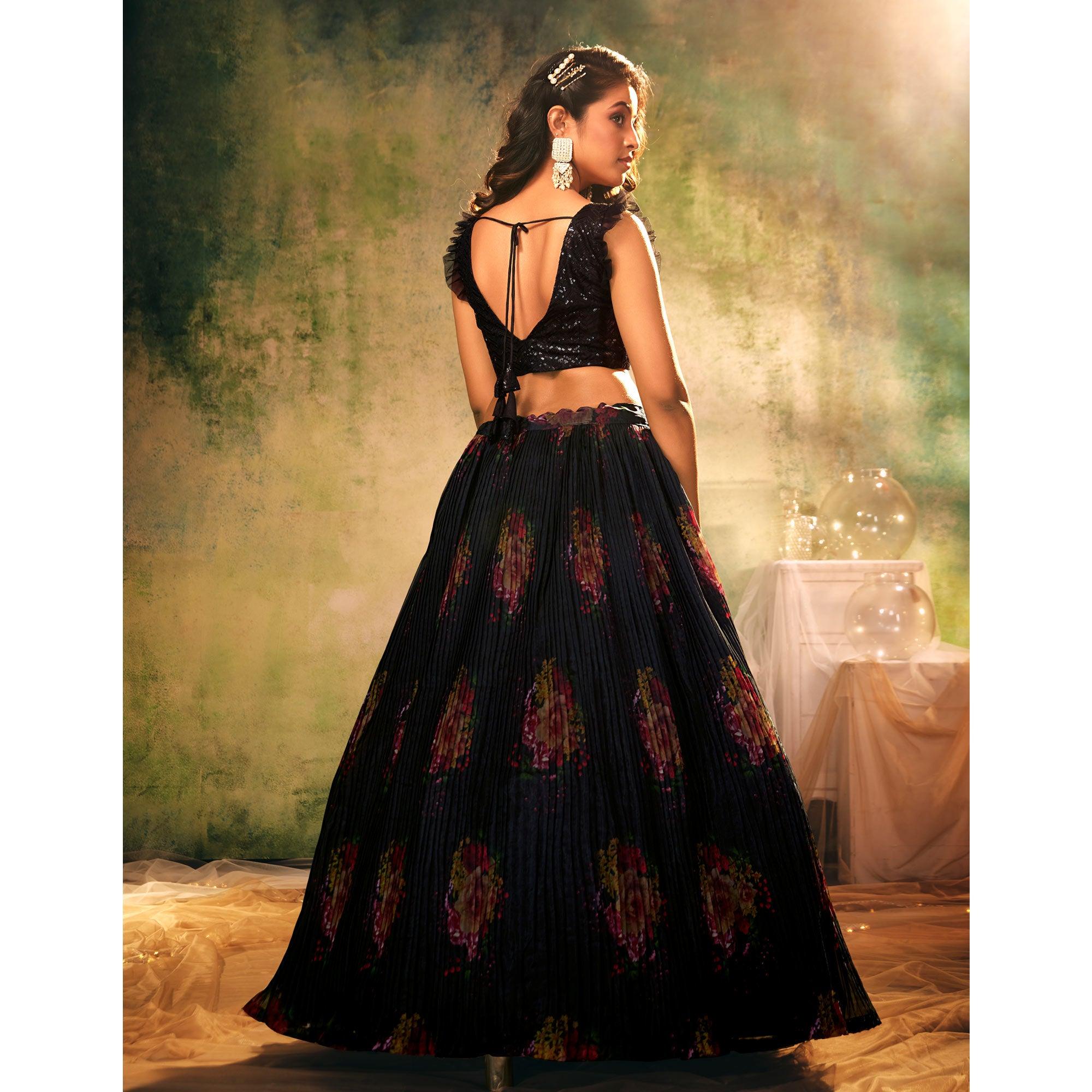 Blue Partywear Digital Printed with Crushed Plated Pattern Organza Lehenga Choli - Peachmode