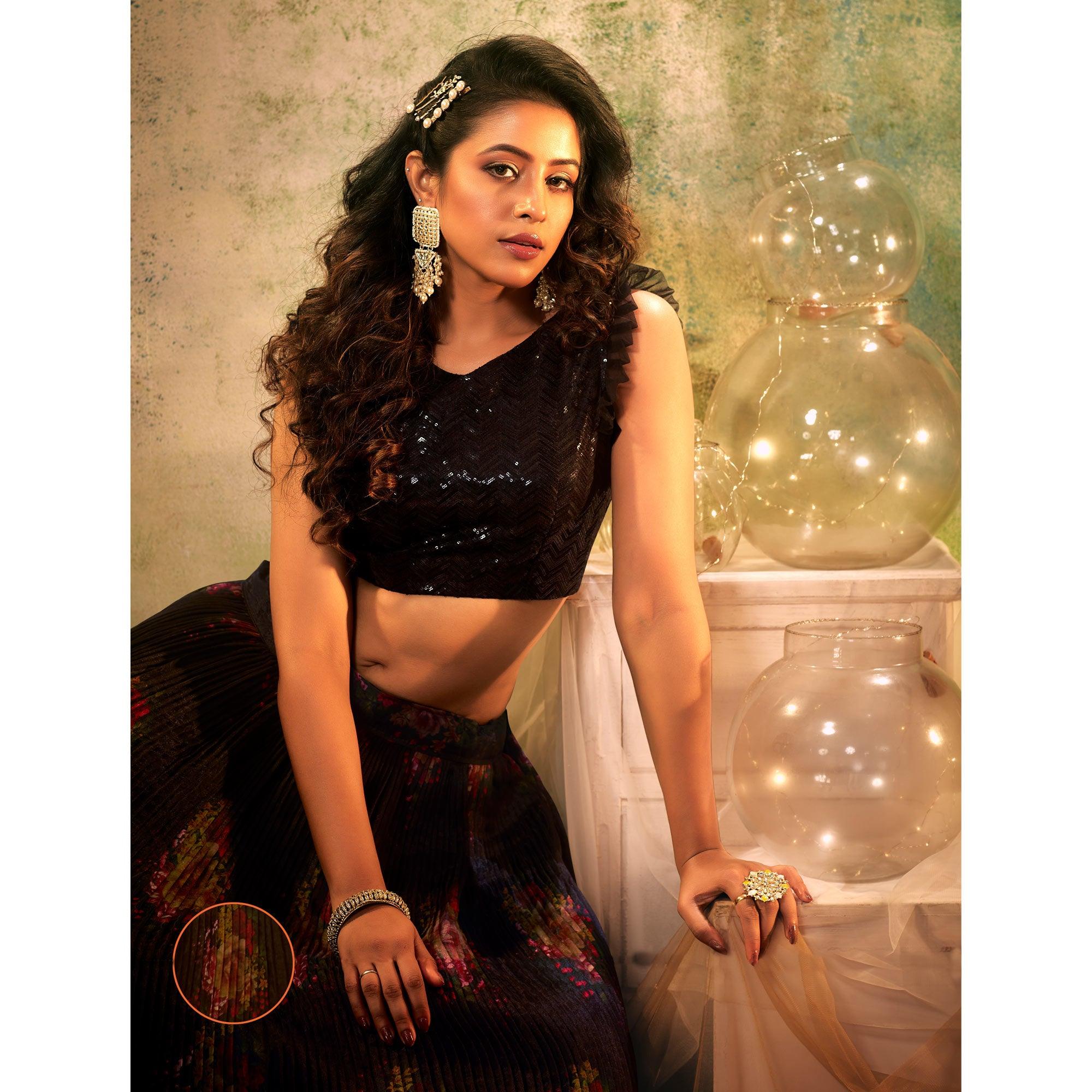 Blue Partywear Digital Printed with Crushed Plated Pattern Organza Lehenga Choli - Peachmode