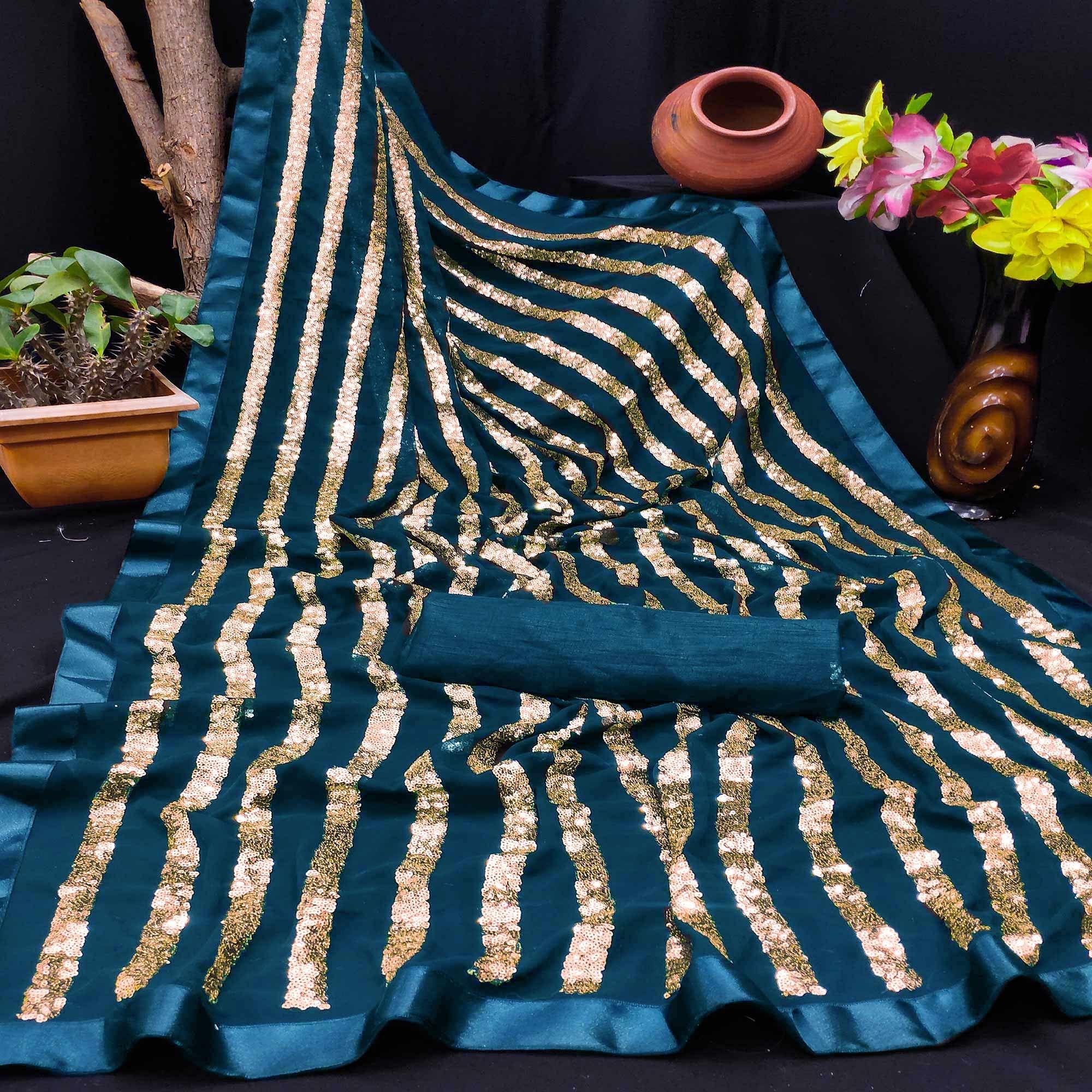 Blue Partywear Embellished With Sequins Georgette Saree - Peachmode