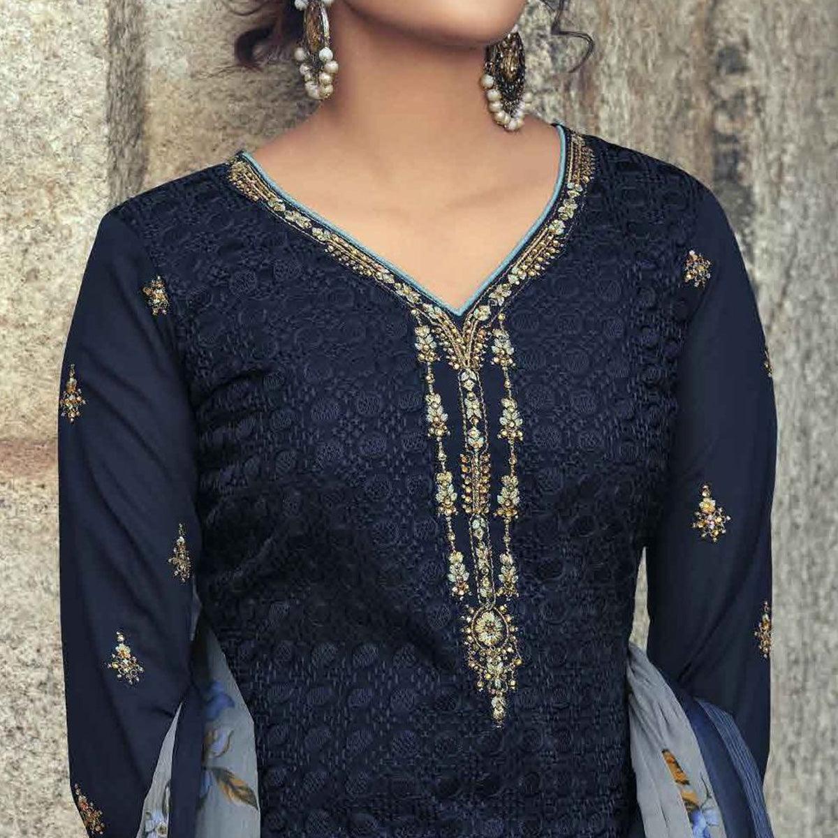 Blue Partywear Embroidered & Embellished Faux Georgette Salwar Suit - Peachmode